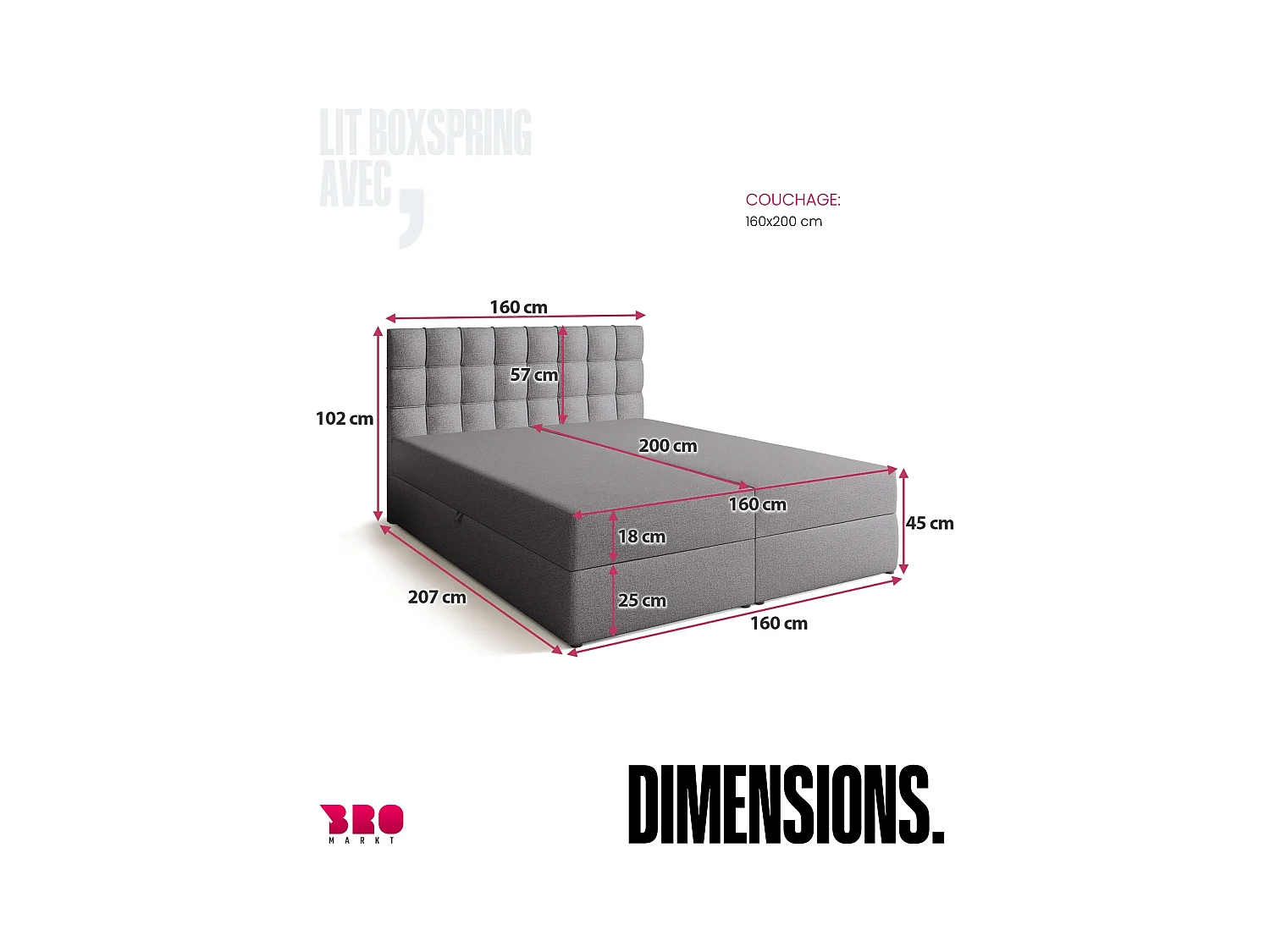 Lit boxspring avec rangement DETROIT - matelas - surmatelas - gris - 160x200 cm