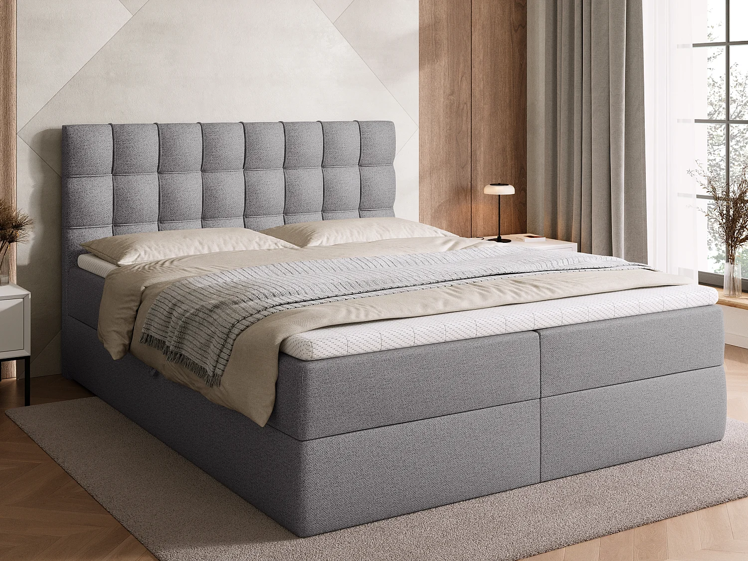 Lit boxspring avec rangement DETROIT - matelas - surmatelas - gris - 160x200 cm