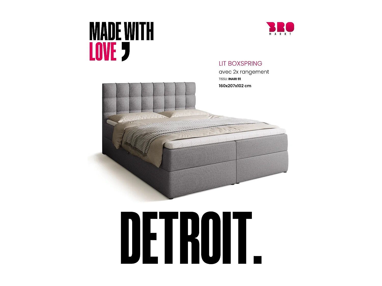 Lit boxspring avec rangement DETROIT - matelas - surmatelas - gris - 160x200 cm