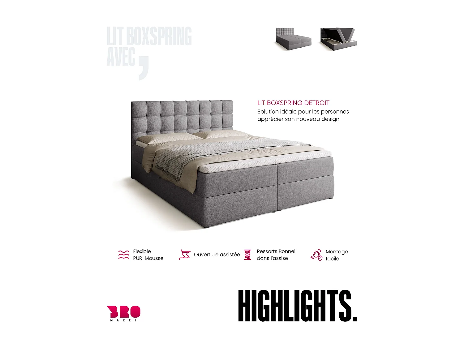 Lit boxspring avec rangement DETROIT - matelas - surmatelas - gris - 160x200 cm