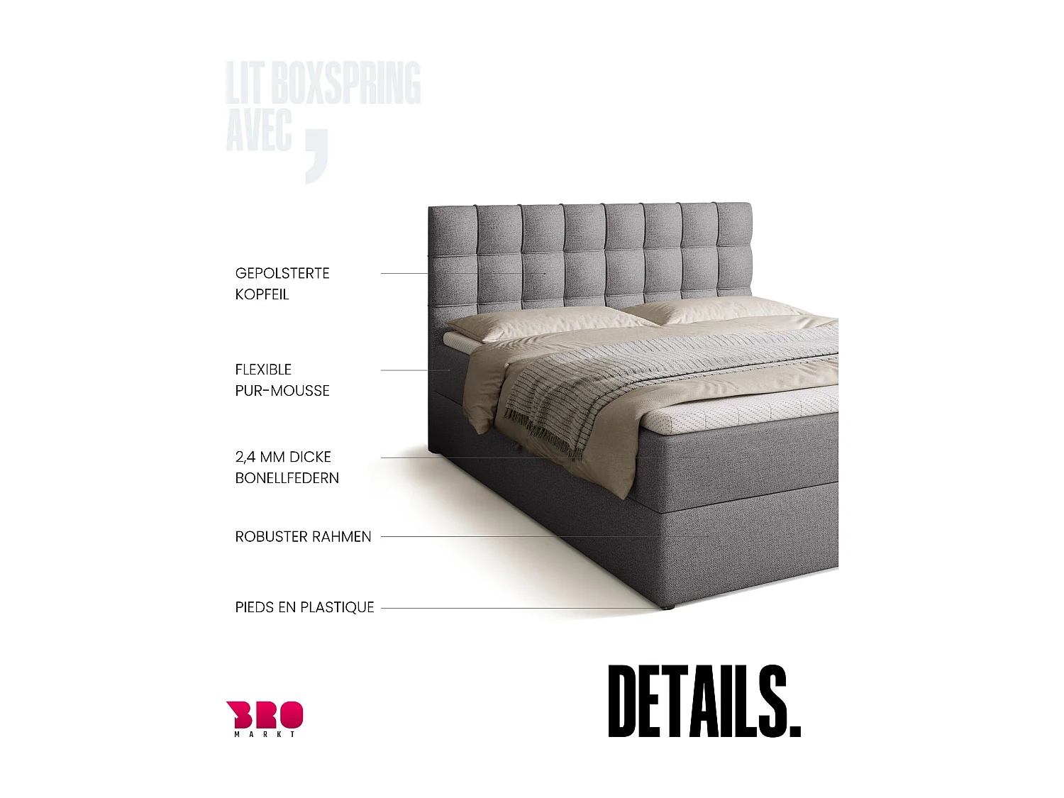 Lit boxspring avec rangement DETROIT - matelas - surmatelas - gris - 160x200 cm