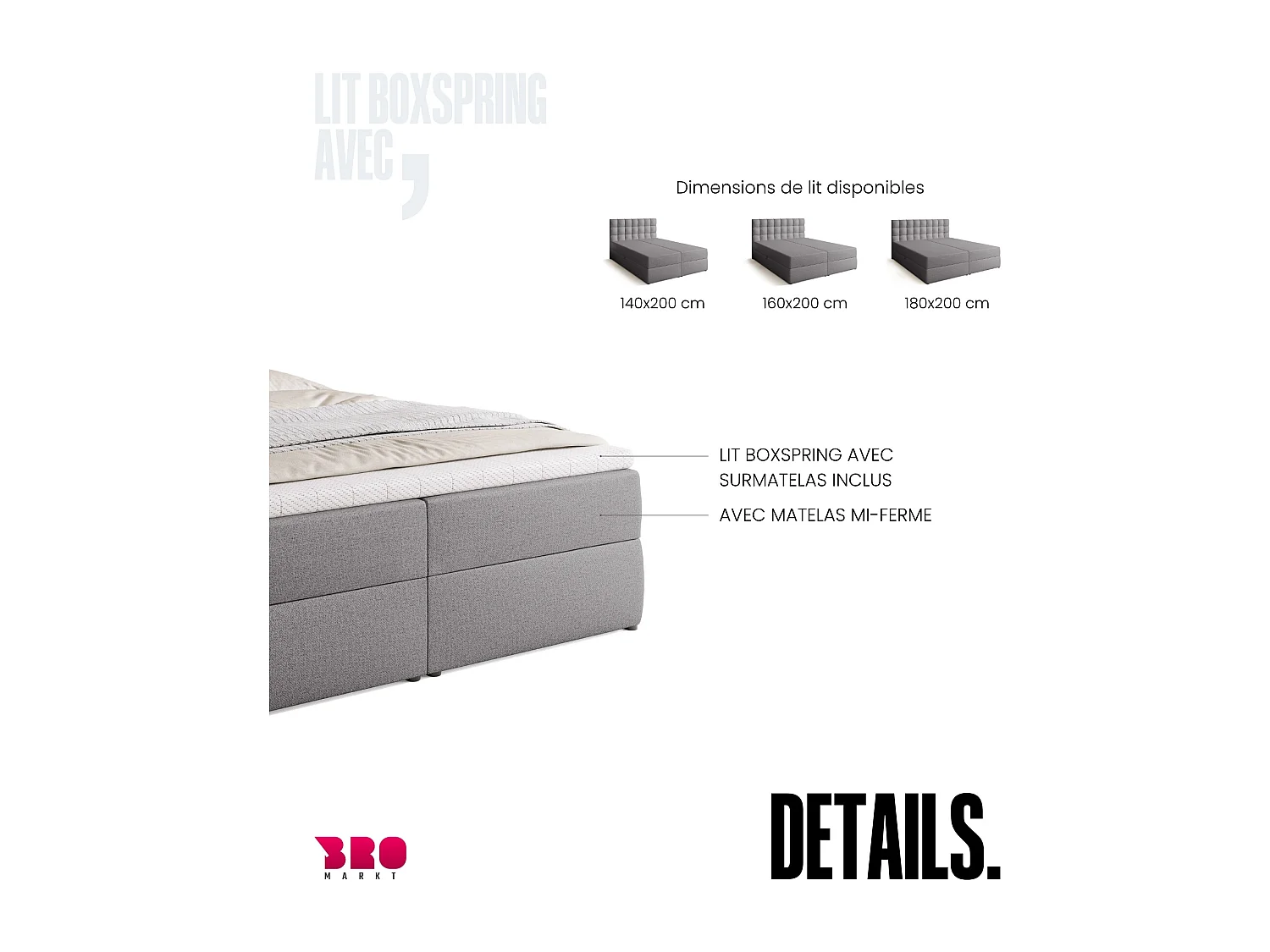 Lit boxspring avec rangement DETROIT - matelas - surmatelas - gris - 160x200 cm