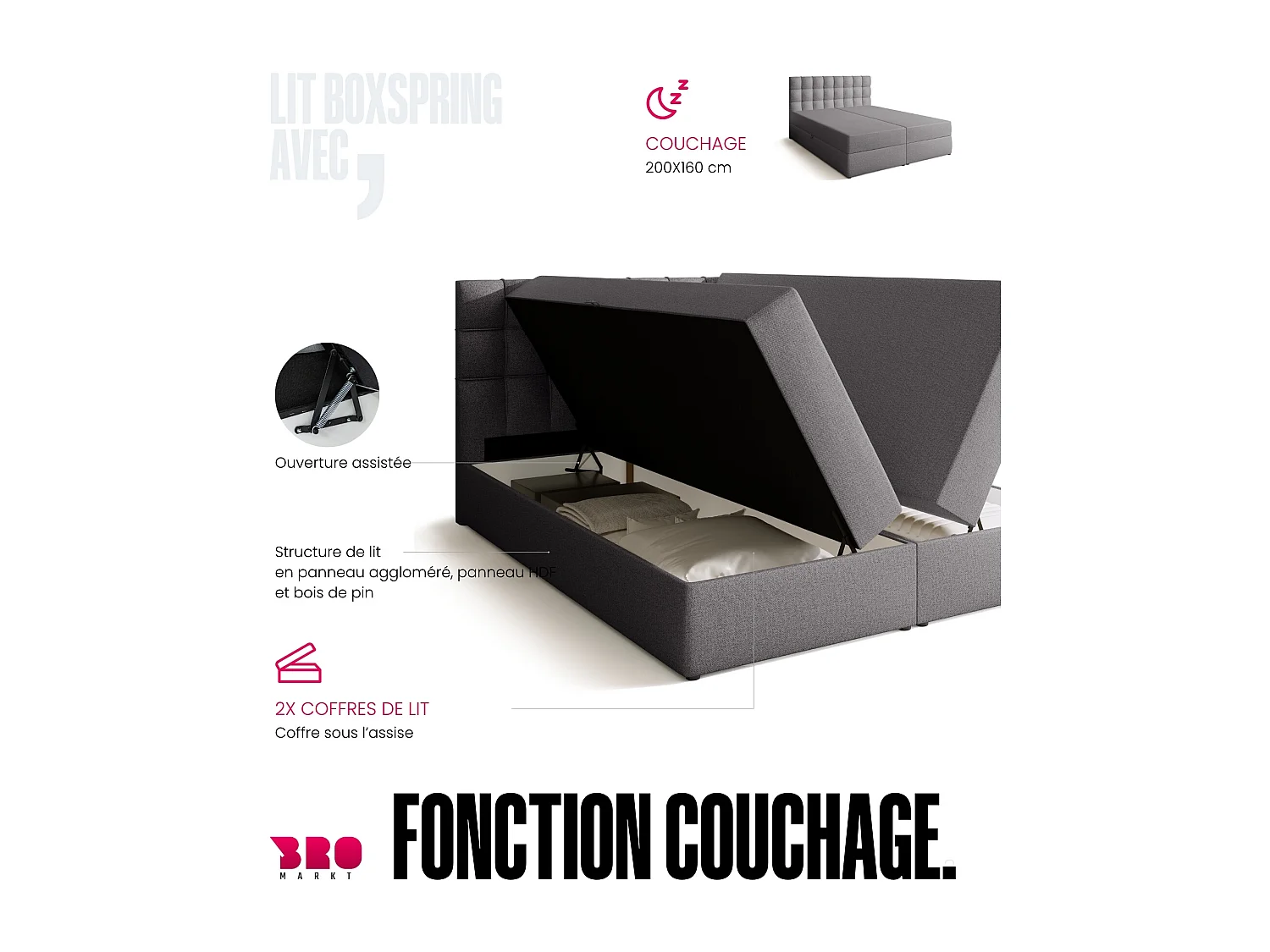 Lit boxspring avec rangement DETROIT - matelas - surmatelas - gris - 160x200 cm