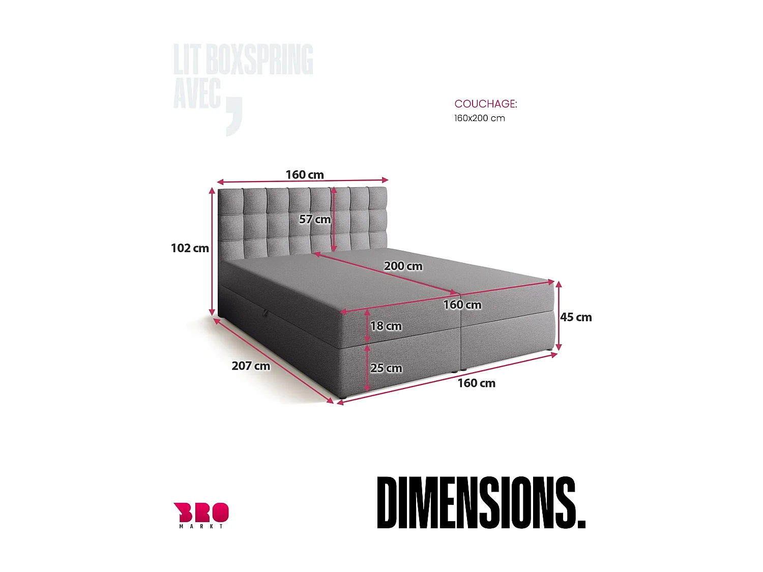 Lit boxspring avec rangement DETROIT - matelas - surmatelas - gris - 160x200 cm