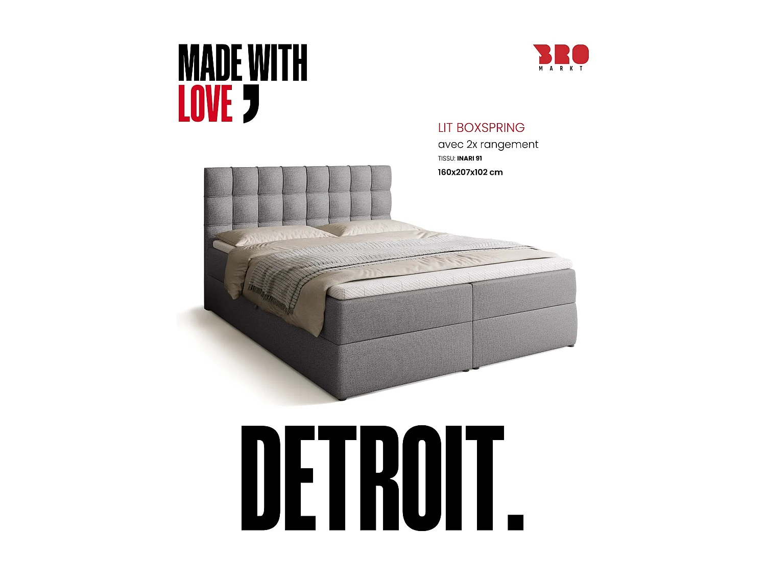 Lit boxspring avec rangement DETROIT - matelas - surmatelas - gris - 160x200 cm
