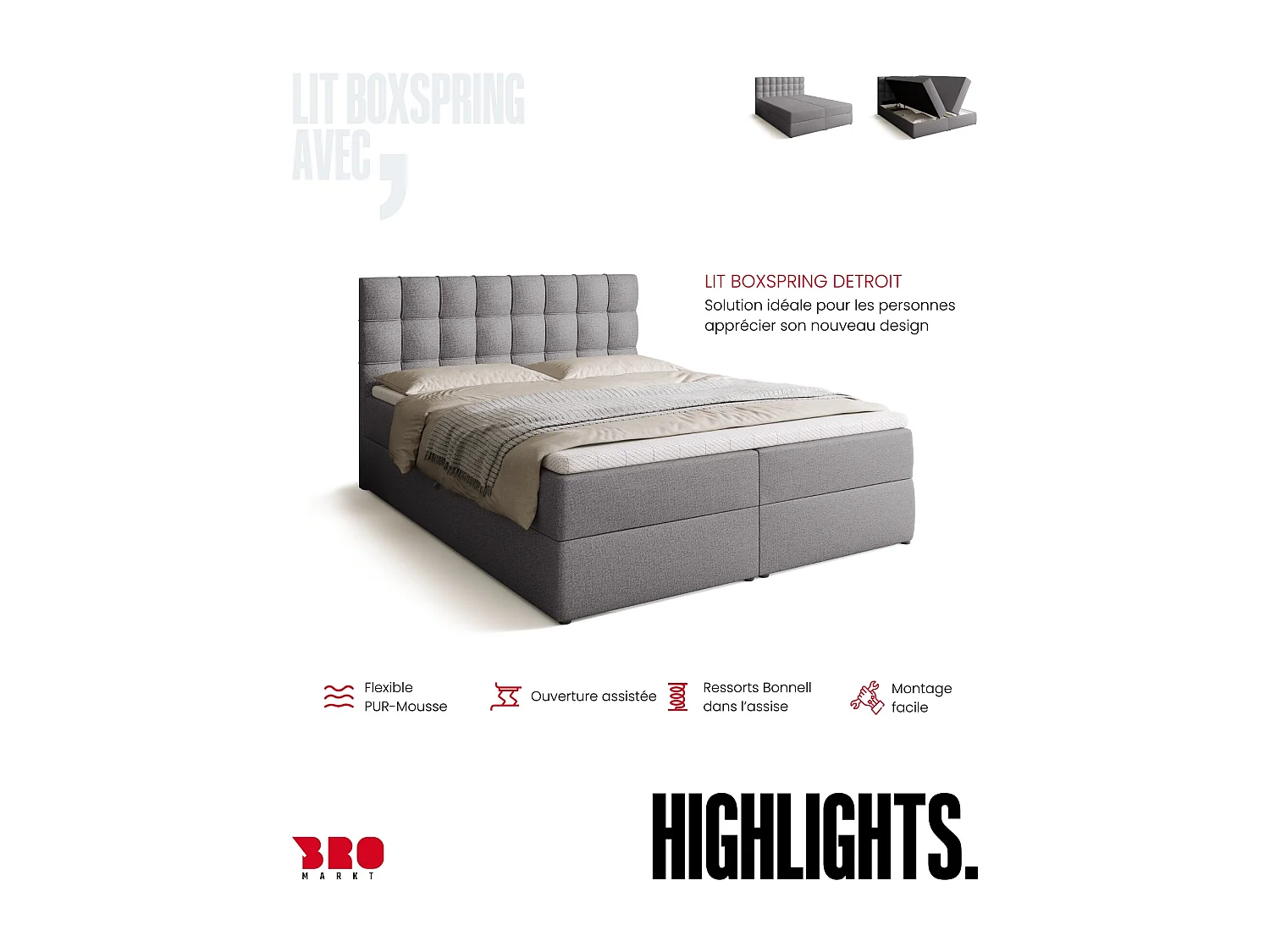 Lit boxspring avec rangement DETROIT - matelas - surmatelas - gris - 160x200 cm