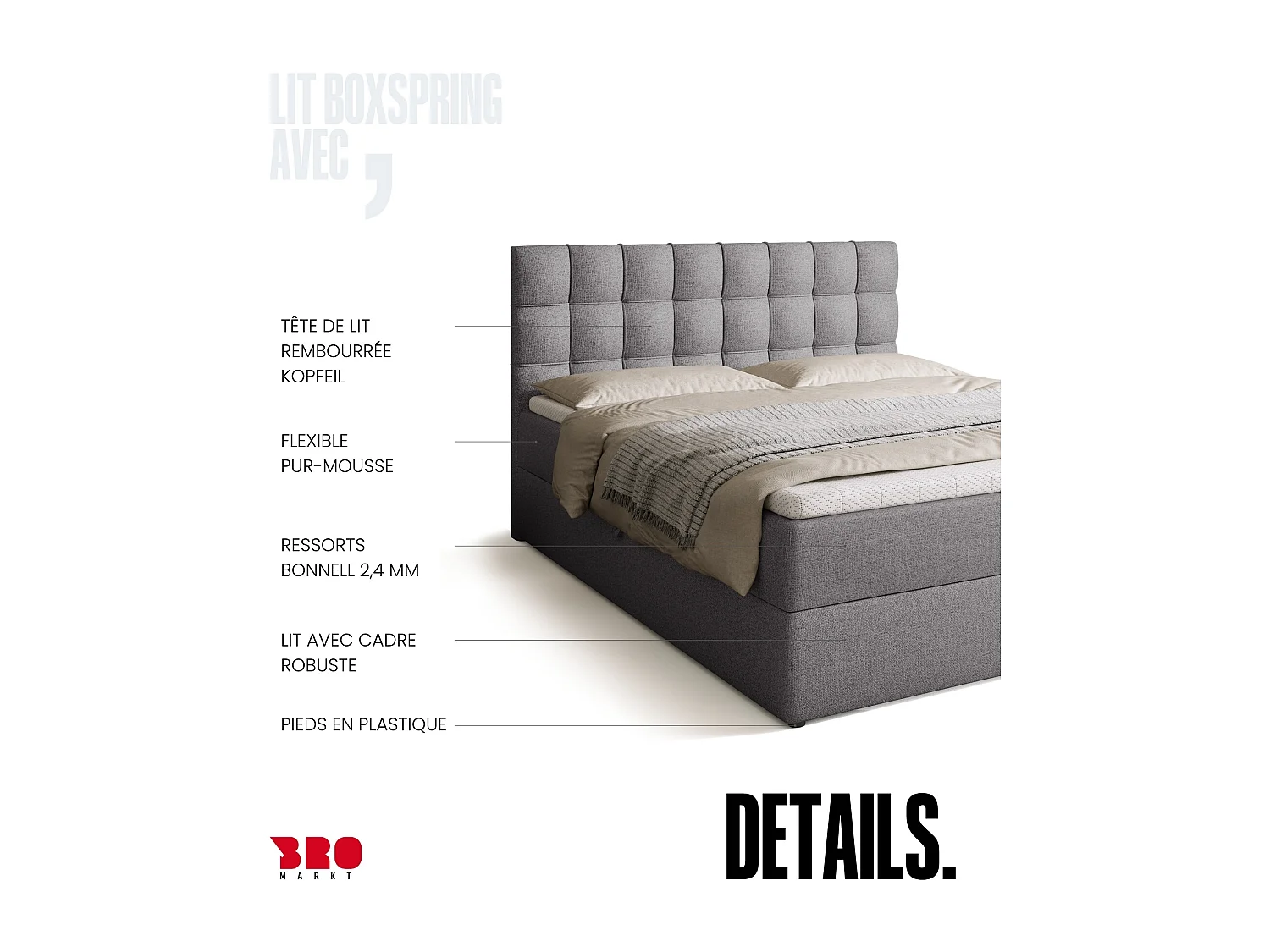 Lit boxspring avec rangement DETROIT - matelas - surmatelas - gris - 160x200 cm