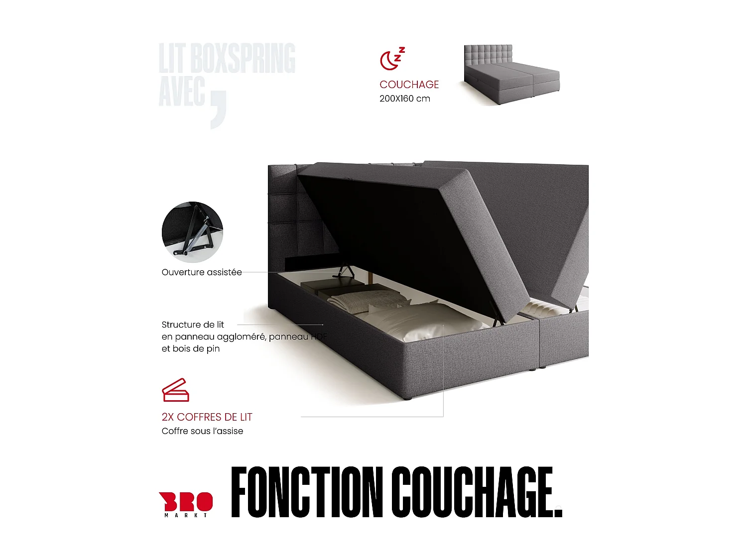 Lit boxspring avec rangement DETROIT - matelas - surmatelas - gris - 160x200 cm
