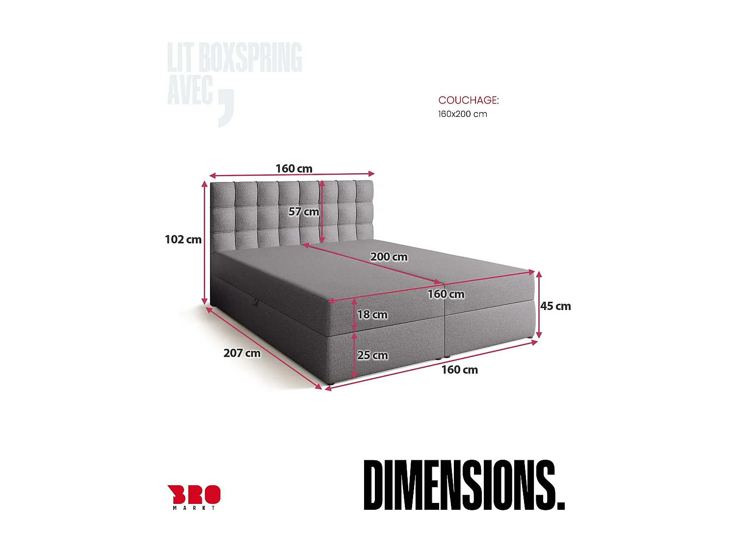 Lit boxspring avec rangement DETROIT - matelas - surmatelas - gris - 160x200 cm