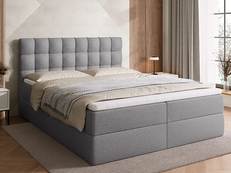Lit boxspring avec rangement DETROIT - matelas - surmatelas - gris - 160x200 cm