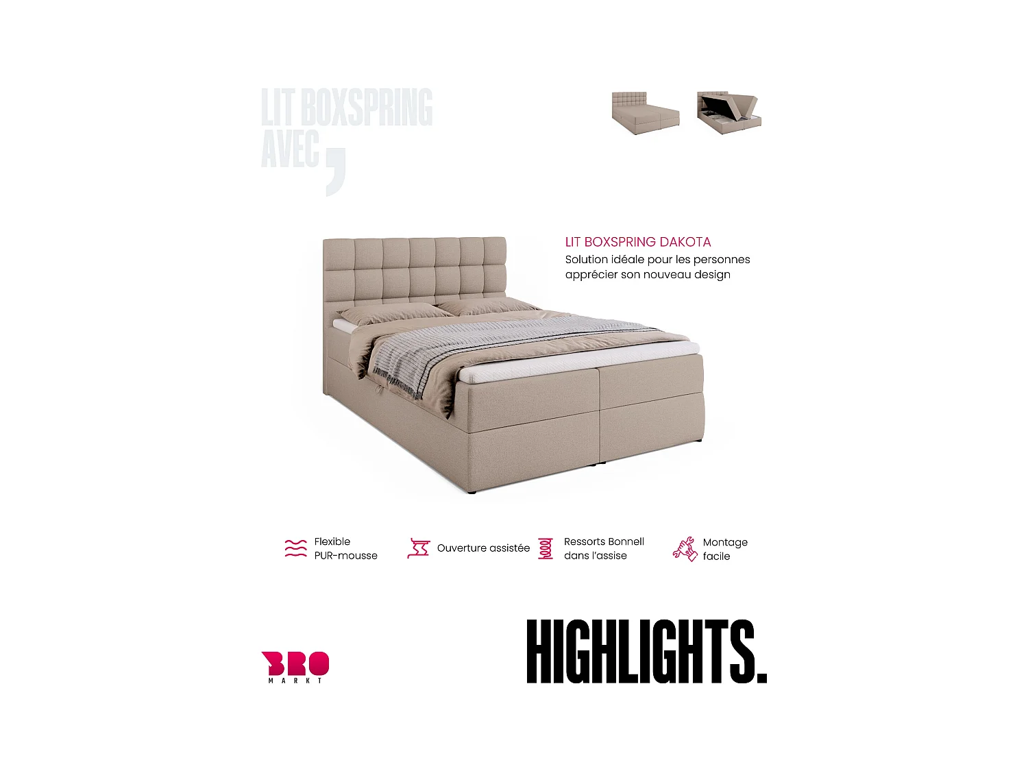 Boxspringbed met hoofdeinde, matras en dekmatras - DAKOTA - 140x200 - beige