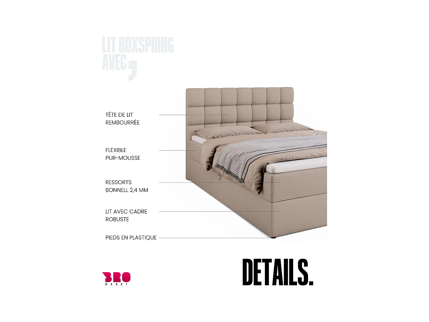 Boxspringbed met hoofdeinde, matras en dekmatras - DAKOTA - 140x200 - beige