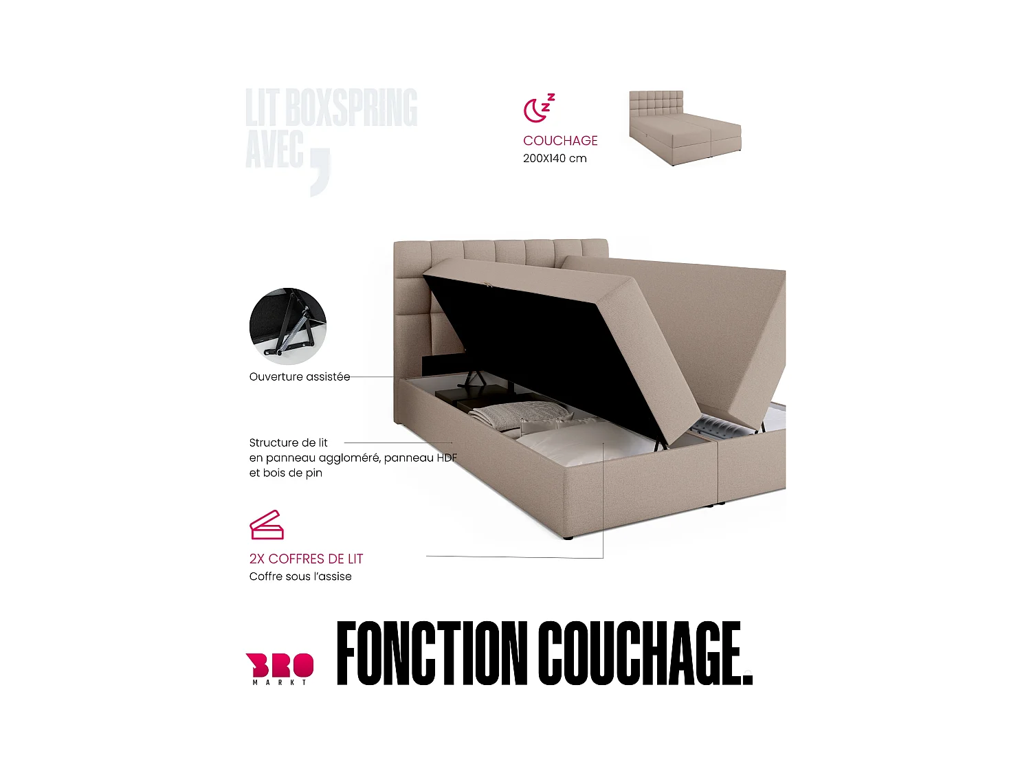 Boxspringbed met hoofdeinde, matras en dekmatras - DAKOTA - 140x200 - beige