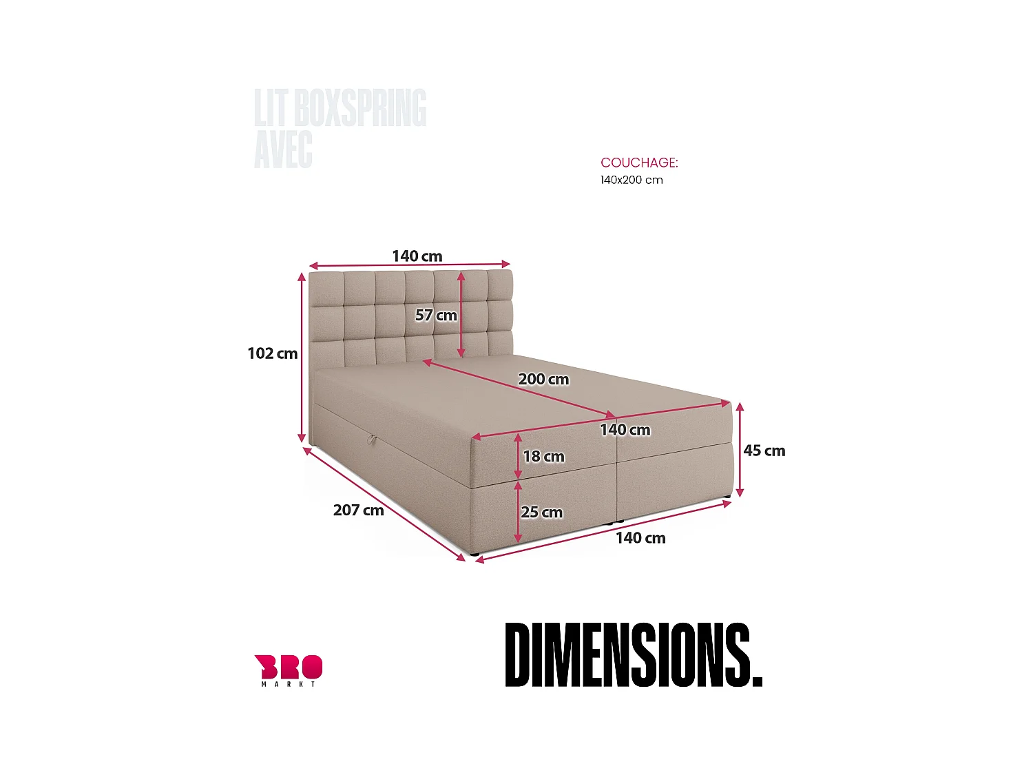 Boxspringbed met hoofdeinde, matras en dekmatras - DAKOTA - 140x200 - beige