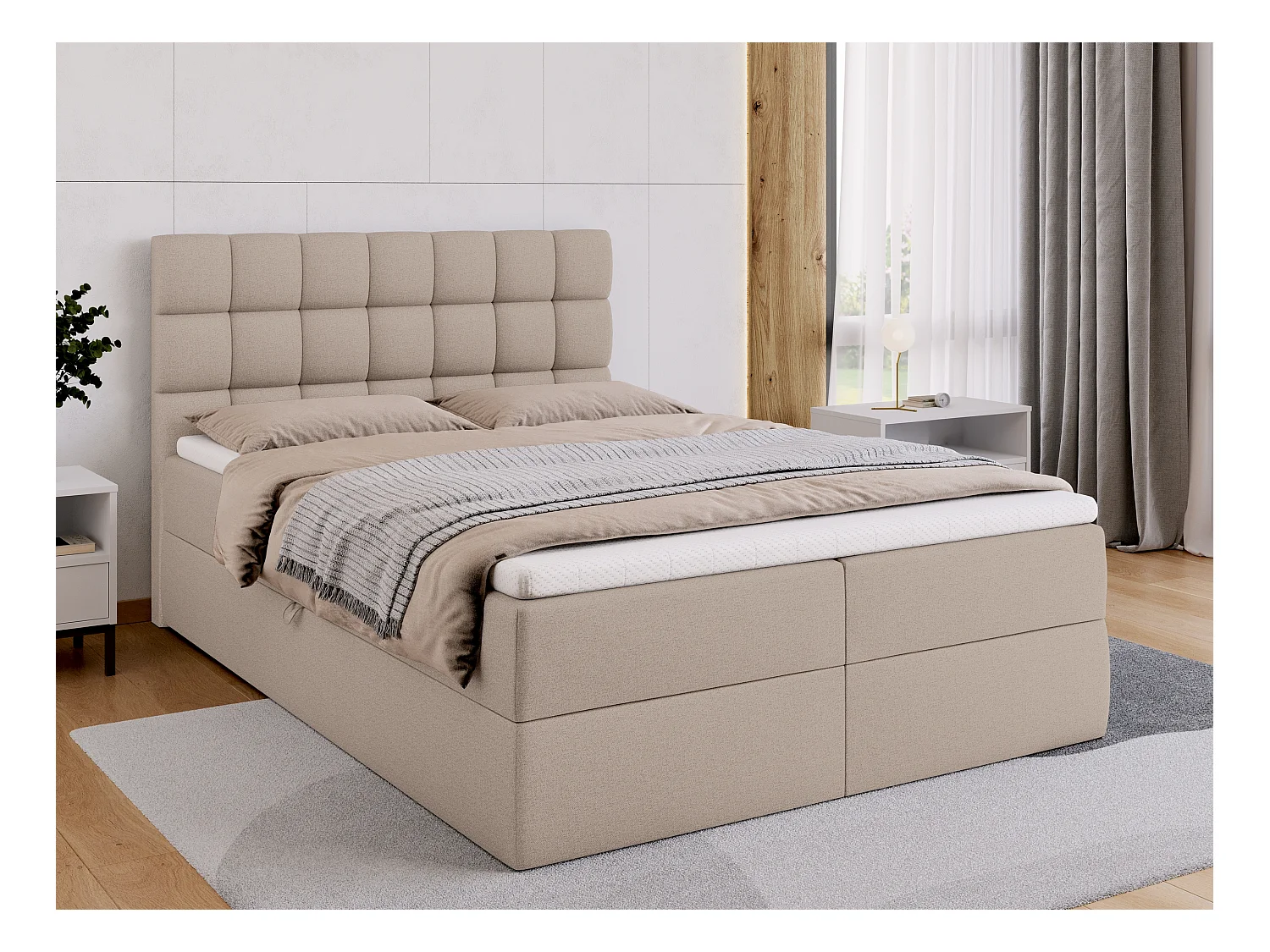 Lit boxspring avec rangement DAKOTA - matelas - surmatelas - beige - 140x200 cm