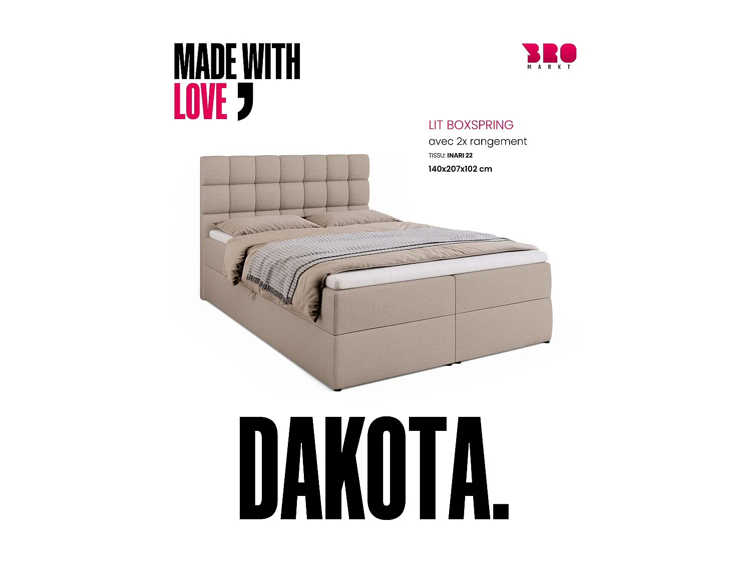 Lit boxspring avec rangement DAKOTA - matelas - surmatelas - beige - 140x200 cm