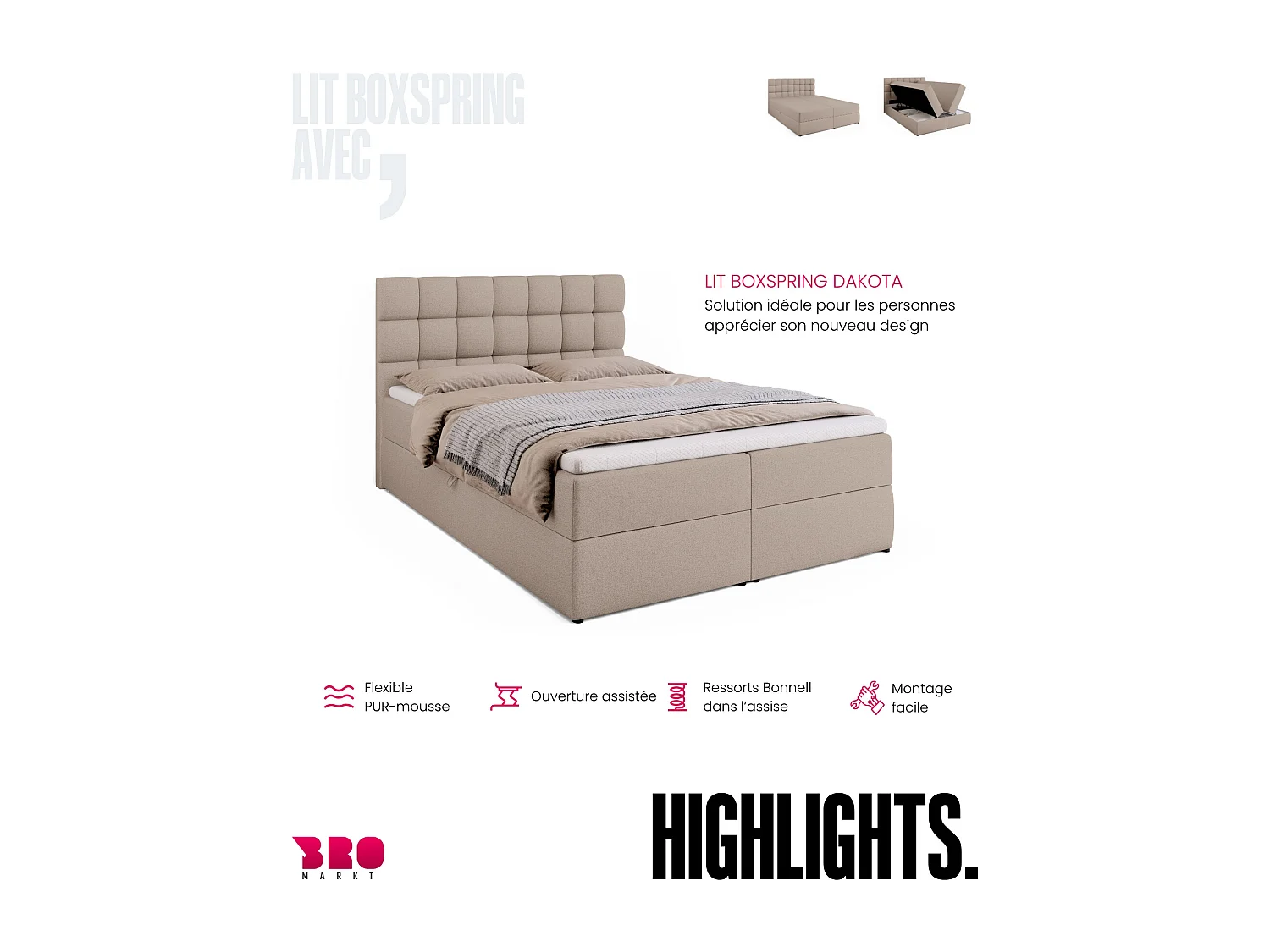 Lit boxspring avec rangement DAKOTA - matelas - surmatelas - beige - 140x200 cm
