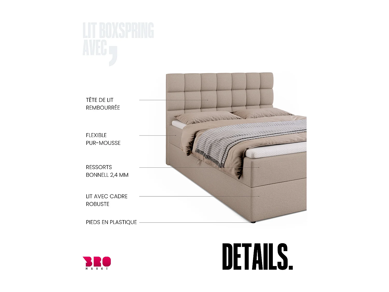 Lit boxspring avec rangement DAKOTA - matelas - surmatelas - beige - 140x200 cm