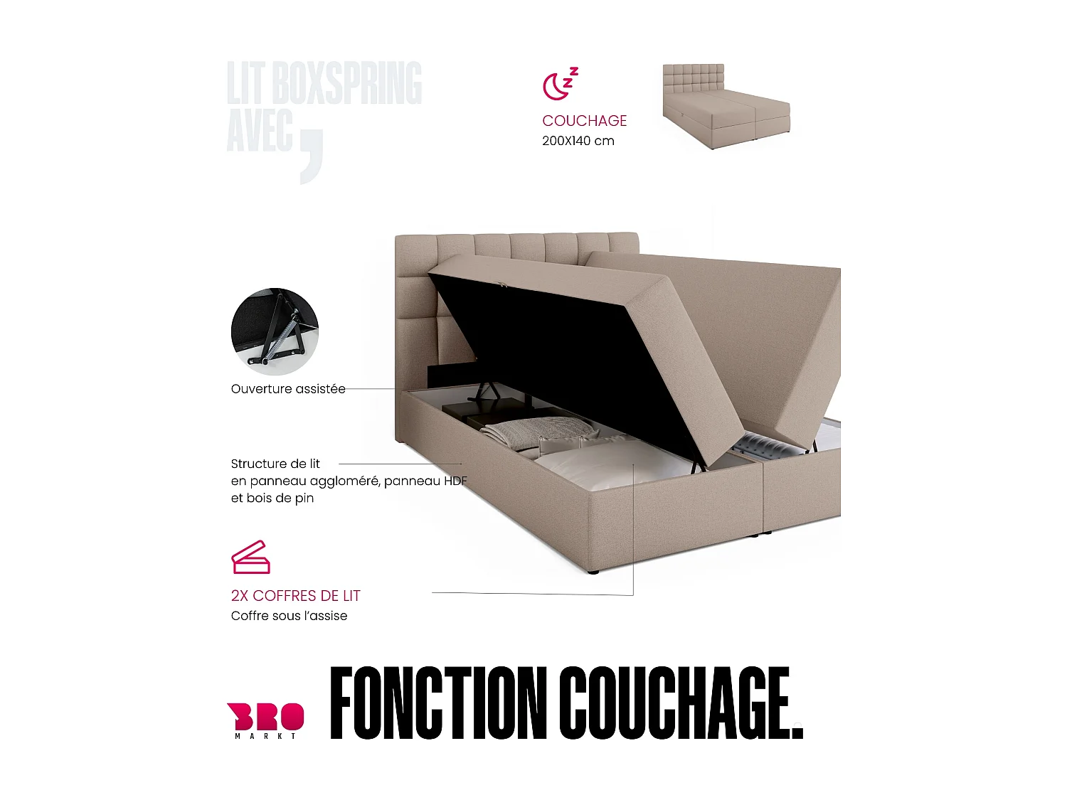 Lit boxspring avec rangement DAKOTA - matelas - surmatelas - beige - 140x200 cm