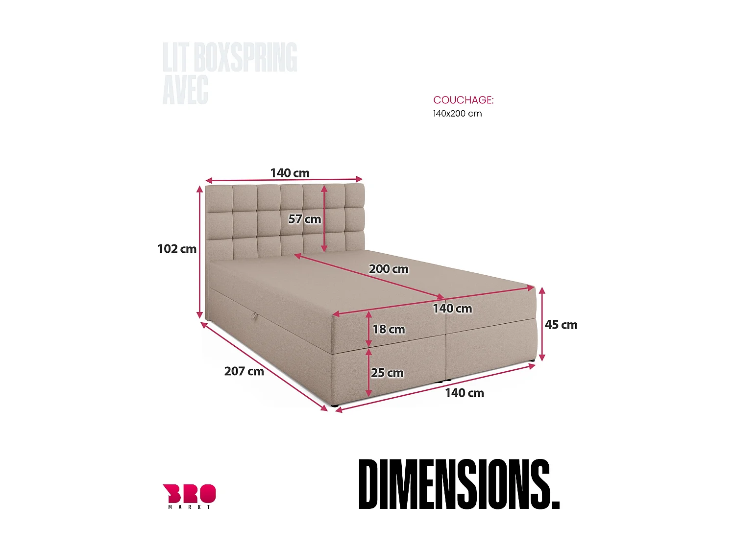 Lit boxspring avec rangement DAKOTA - matelas - surmatelas - beige - 140x200 cm