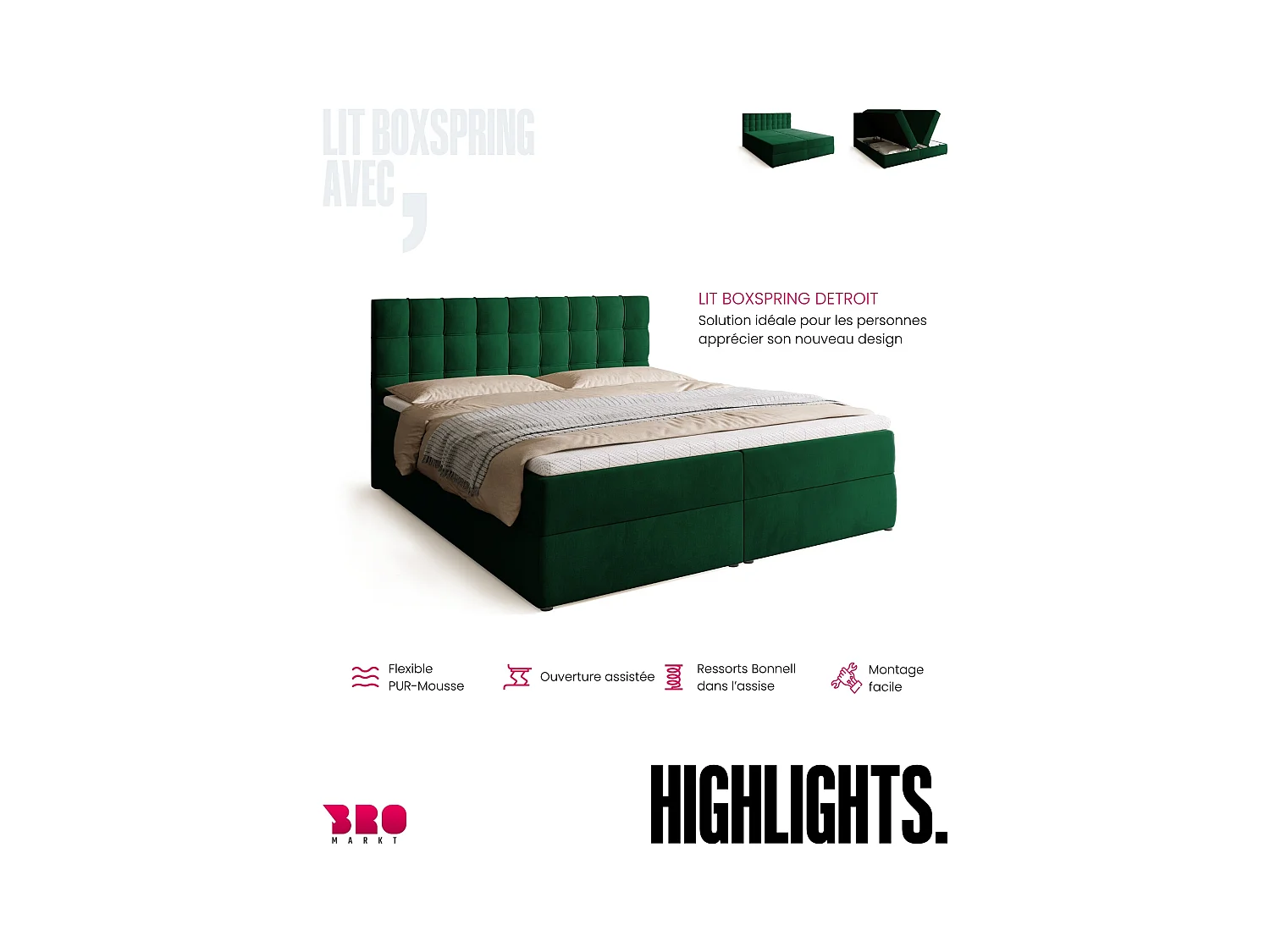 Boxspringbed met hoofdeinde, matras en dekmatras - DETROIT - 180x200 - groente