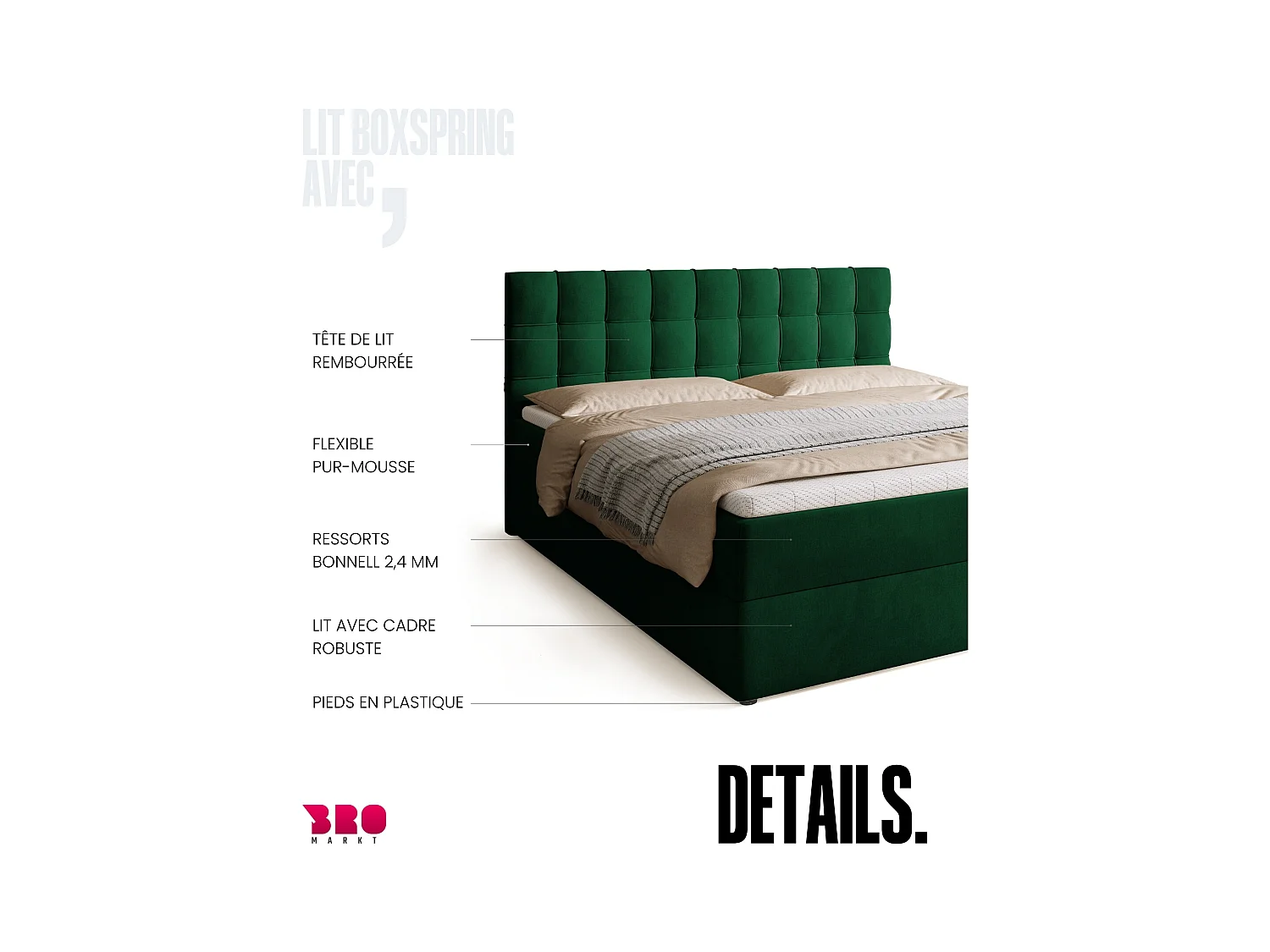 Boxspringbed met hoofdeinde, matras en dekmatras - DETROIT - 180x200 - groente