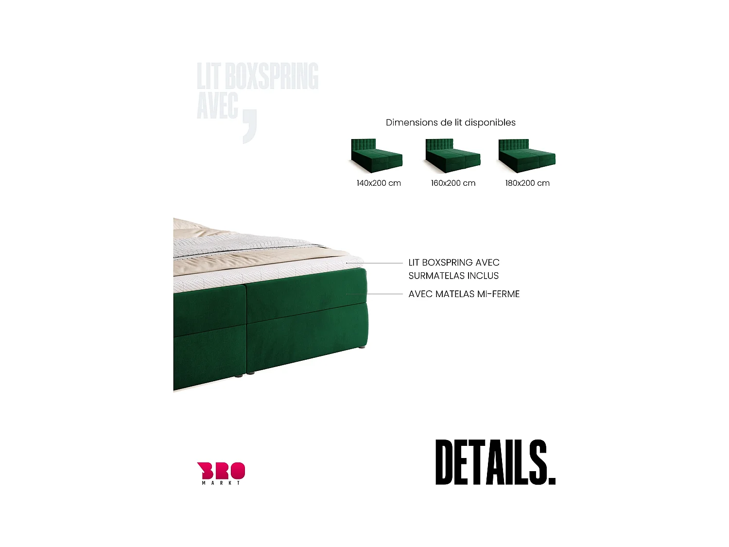 Boxspringbed met hoofdeinde, matras en dekmatras - DETROIT - 180x200 - groente