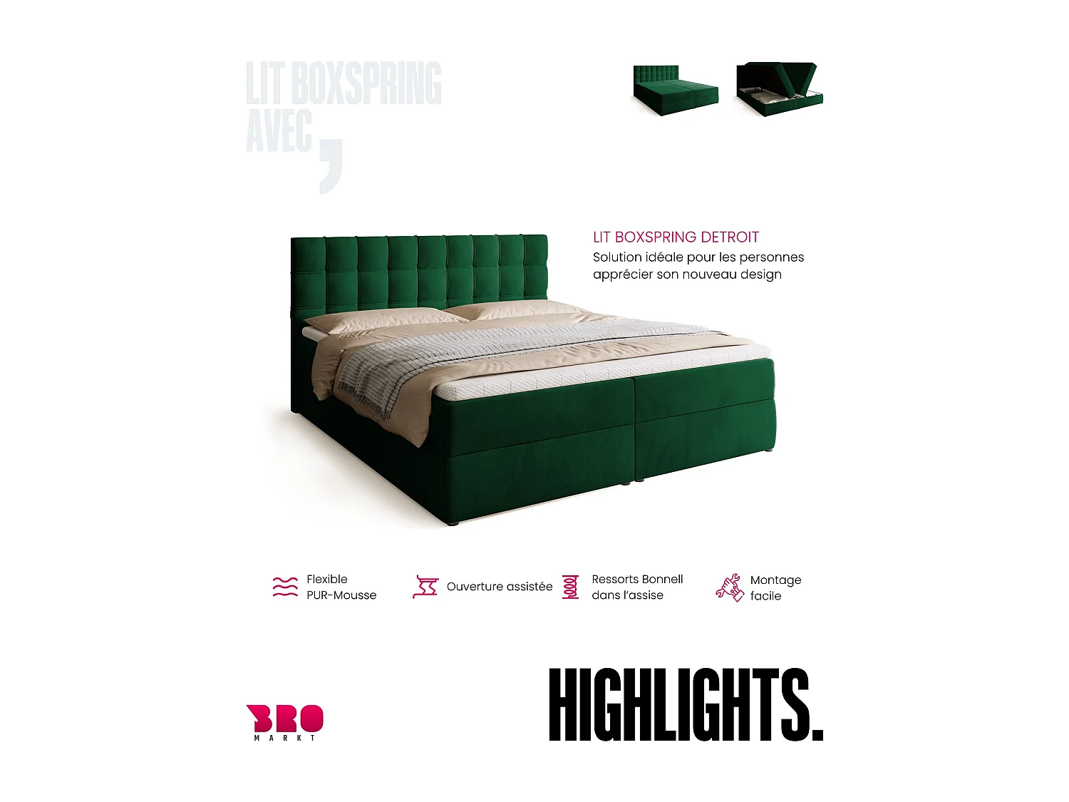 Lit boxspring avec rangement DETROIT - matelas - surmatelas - vert - 180x200 cm