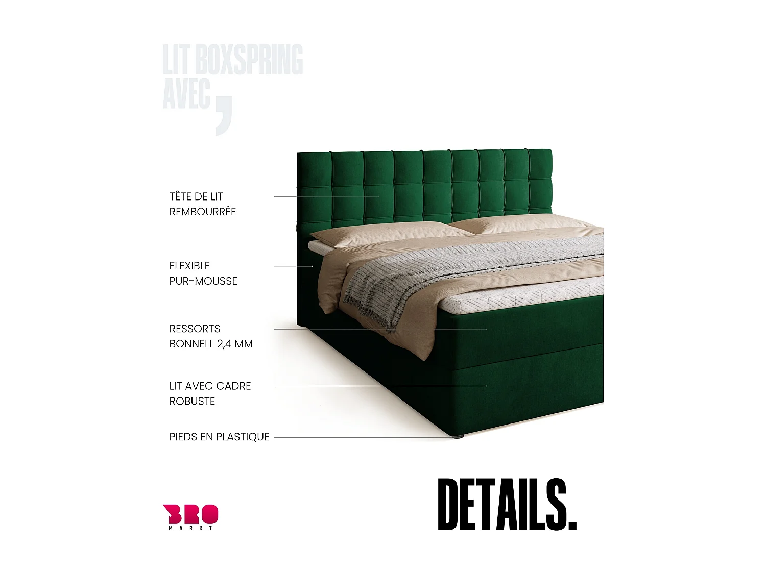 Lit boxspring avec rangement DETROIT - matelas - surmatelas - vert - 180x200 cm