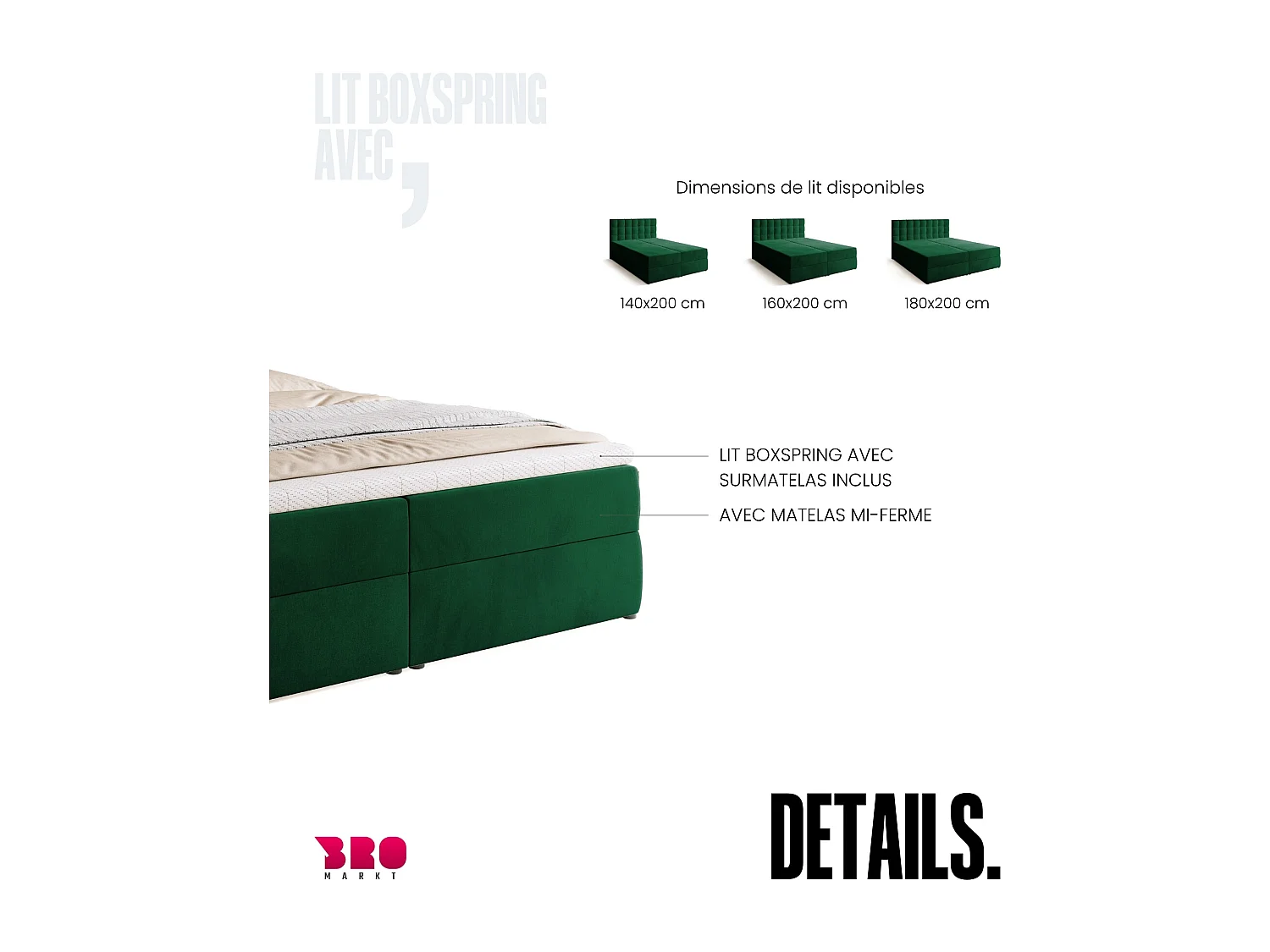 Lit boxspring avec rangement DETROIT - matelas - surmatelas - vert - 180x200 cm