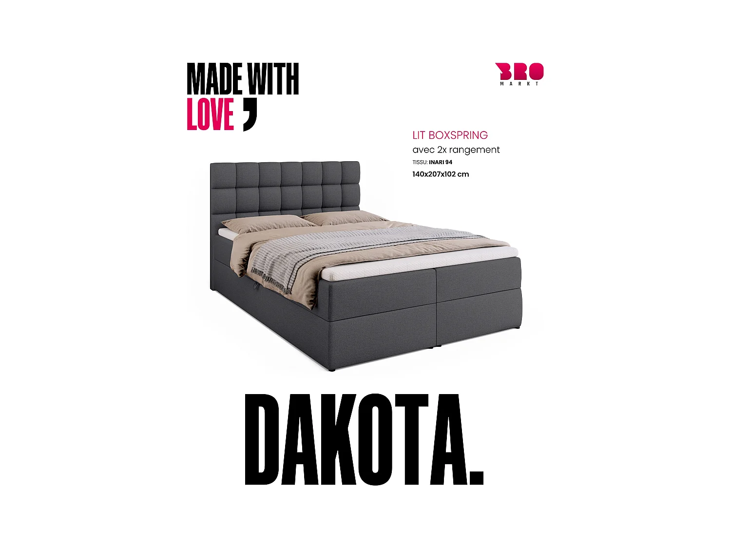 Boxspringbed met hoofdeinde, matras en dekmatras - DAKOTA - 140x200 - donkergrijs