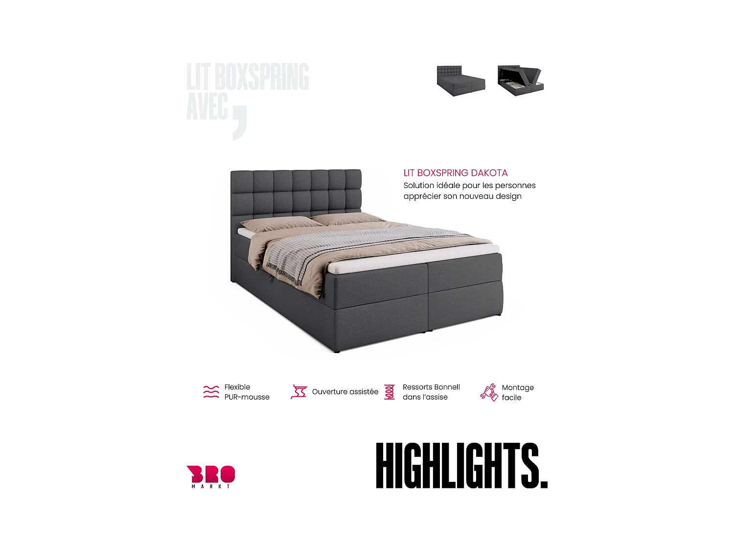 Boxspringbed met hoofdeinde, matras en dekmatras - DAKOTA - 140x200 - donkergrijs