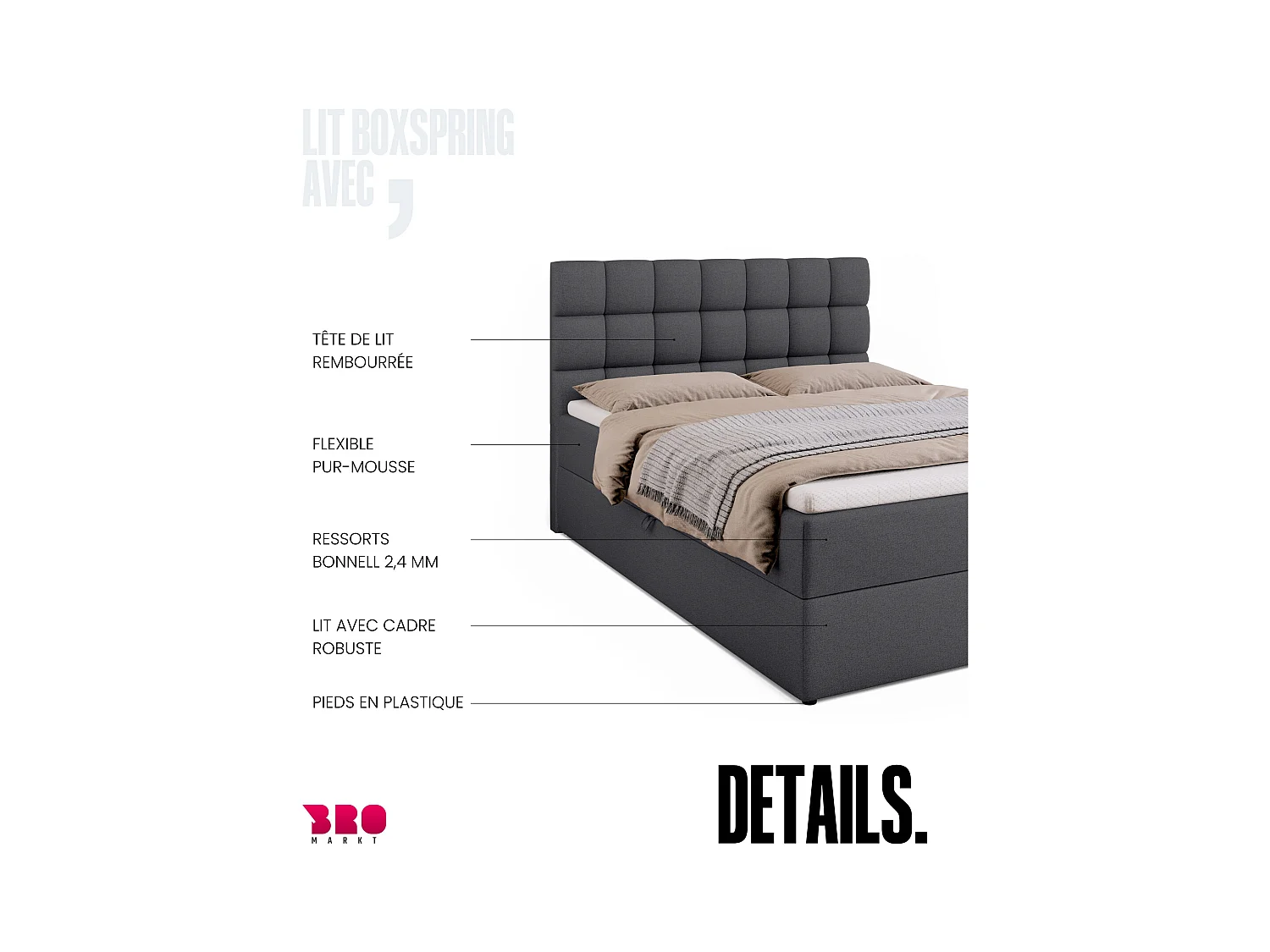 Boxspringbed met hoofdeinde, matras en dekmatras - DAKOTA - 140x200 - donkergrijs
