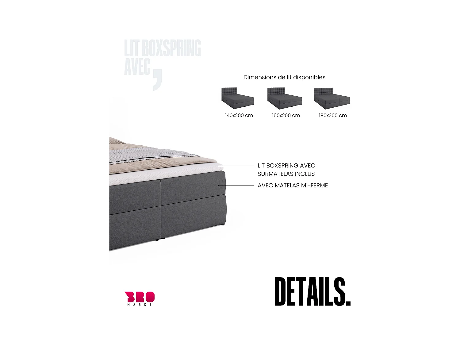 Boxspringbed met hoofdeinde, matras en dekmatras - DAKOTA - 140x200 - donkergrijs