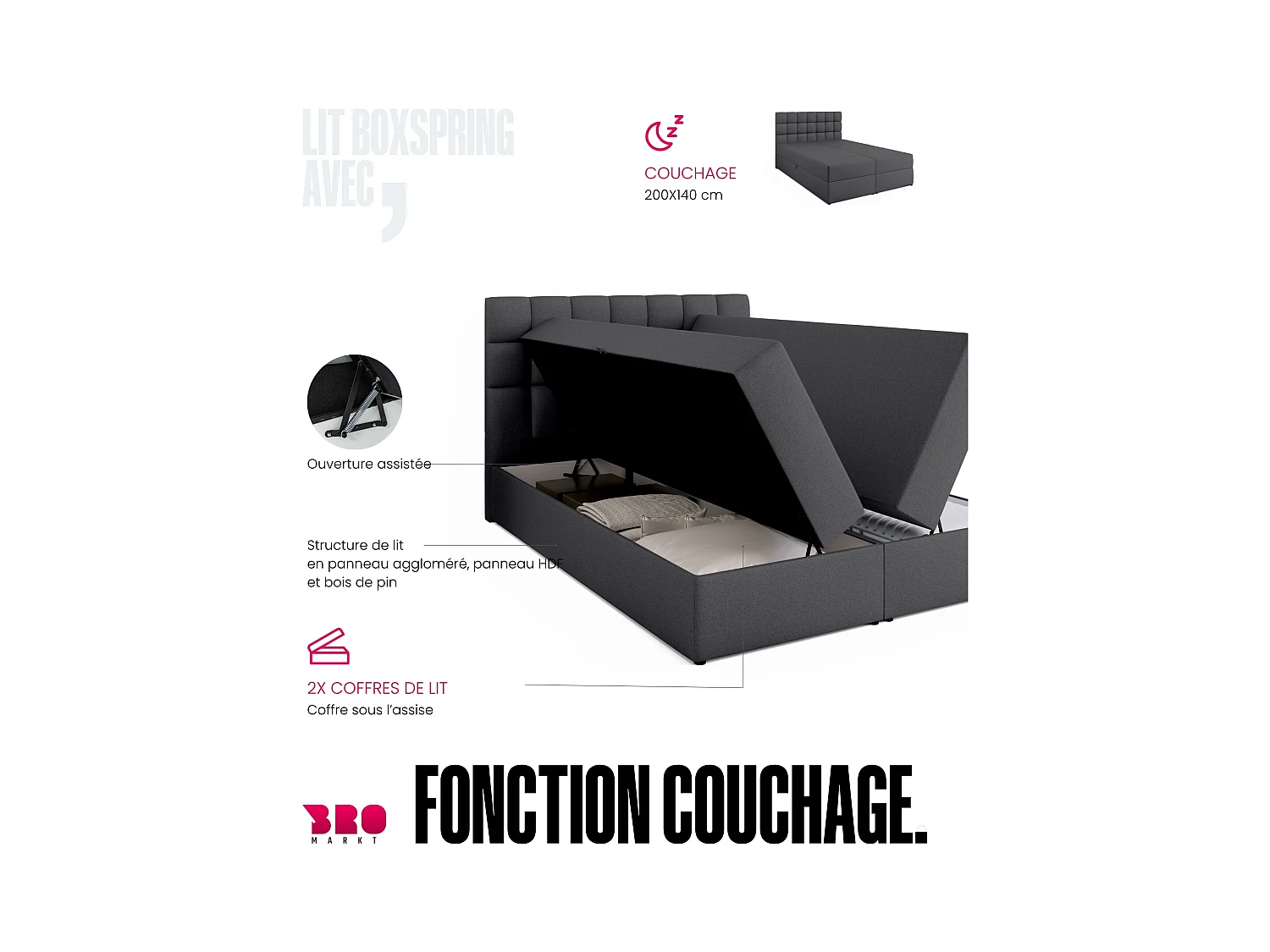 Boxspringbed met hoofdeinde, matras en dekmatras - DAKOTA - 140x200 - donkergrijs