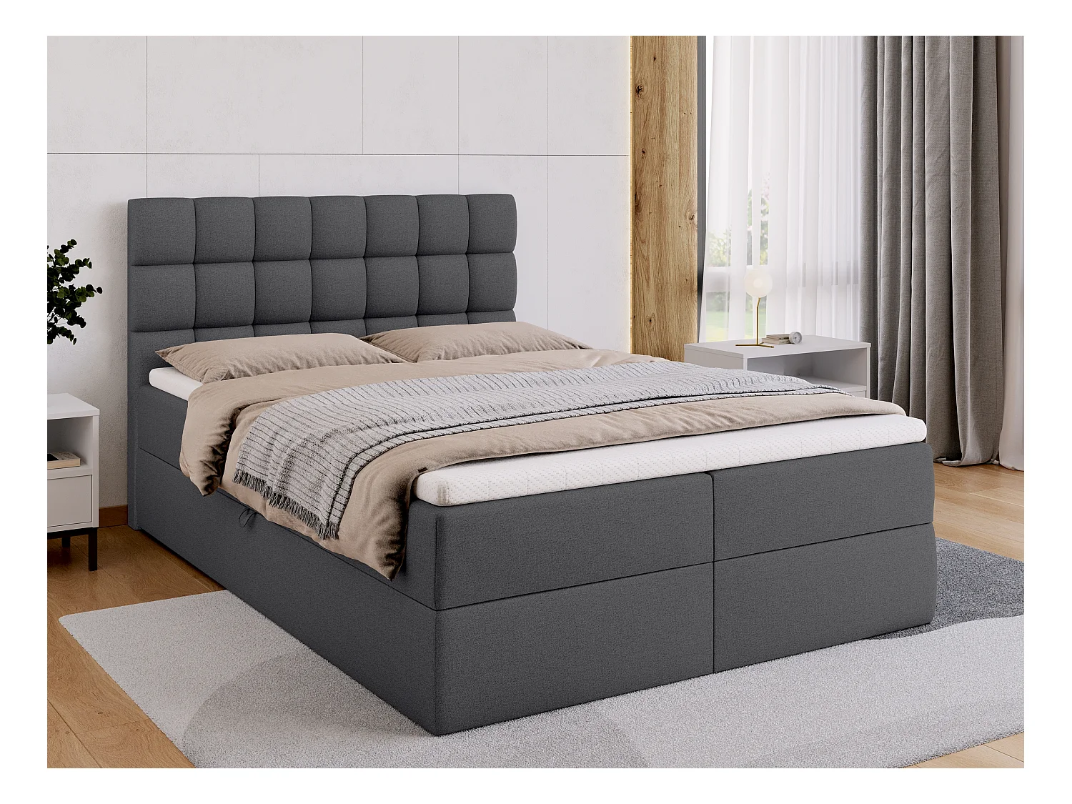 Lit boxspring avec rangement DAKOTA - matelas - surmatelas - gris foncé - 140x200 cm