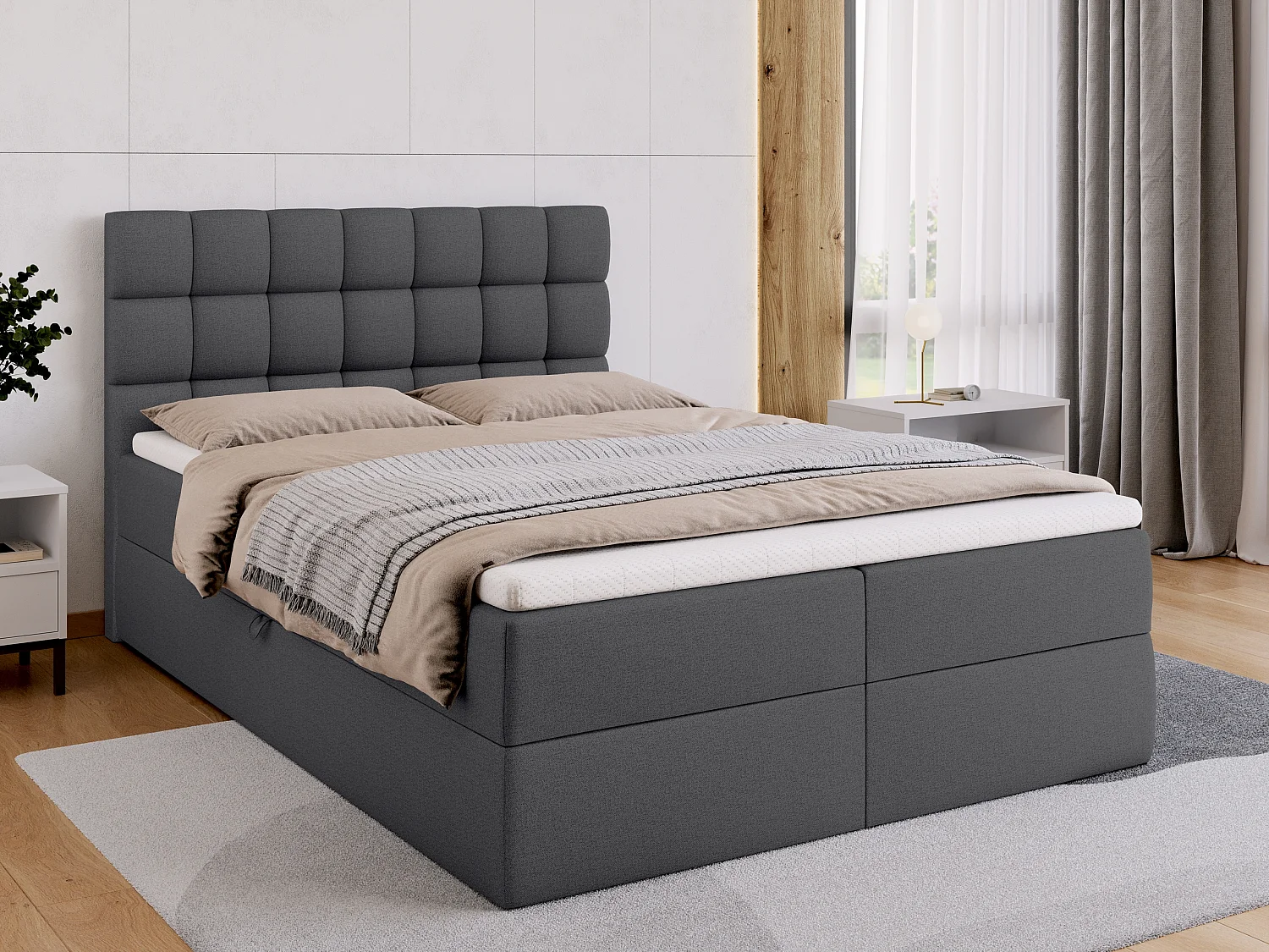 Lit boxspring avec rangement DAKOTA - matelas - surmatelas - gris foncé - 140x200 cm