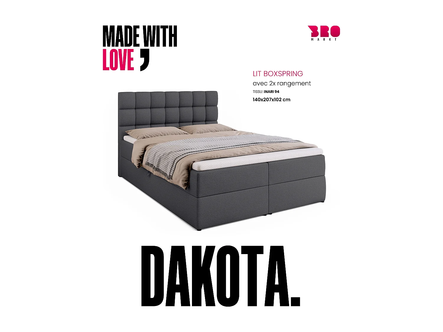 Lit boxspring avec rangement DAKOTA - matelas - surmatelas - gris foncé - 140x200 cm