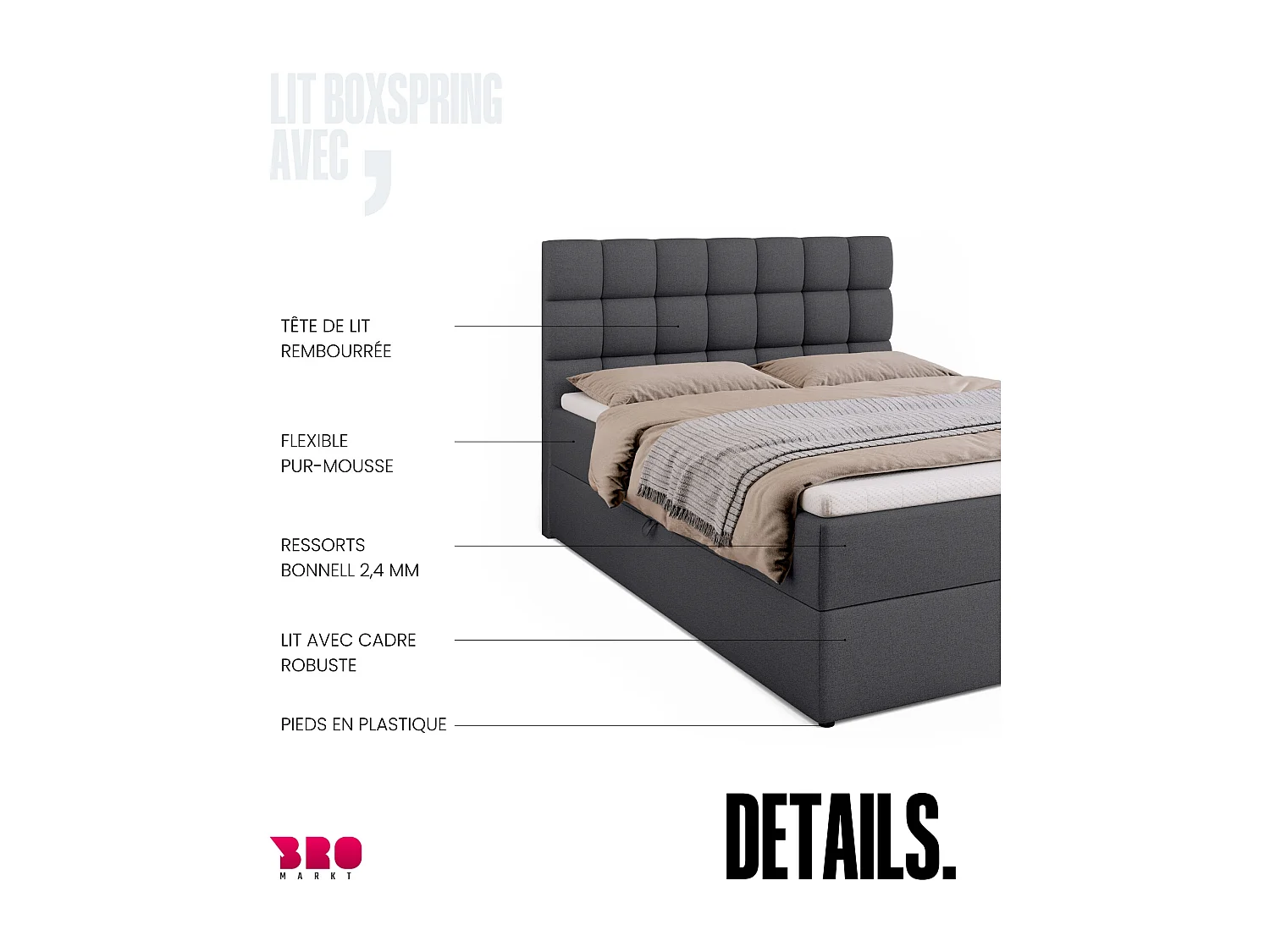 Lit boxspring avec rangement DAKOTA - matelas - surmatelas - gris foncé - 140x200 cm