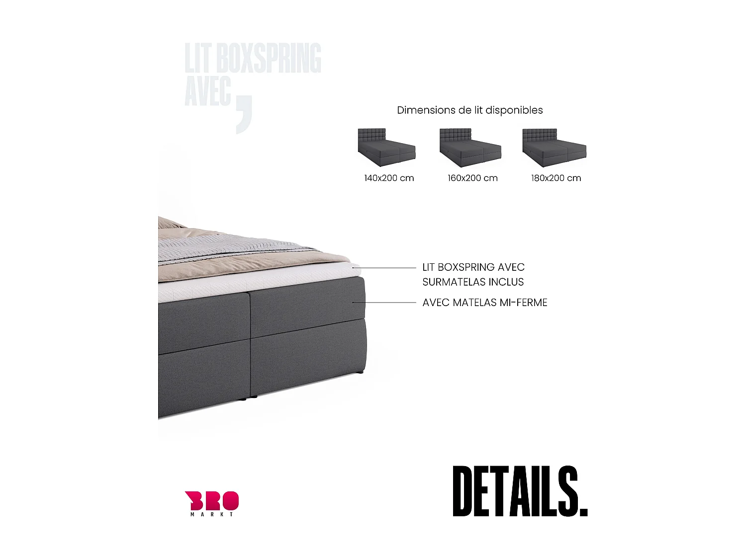 Lit boxspring avec rangement DAKOTA - matelas - surmatelas - gris foncé - 140x200 cm