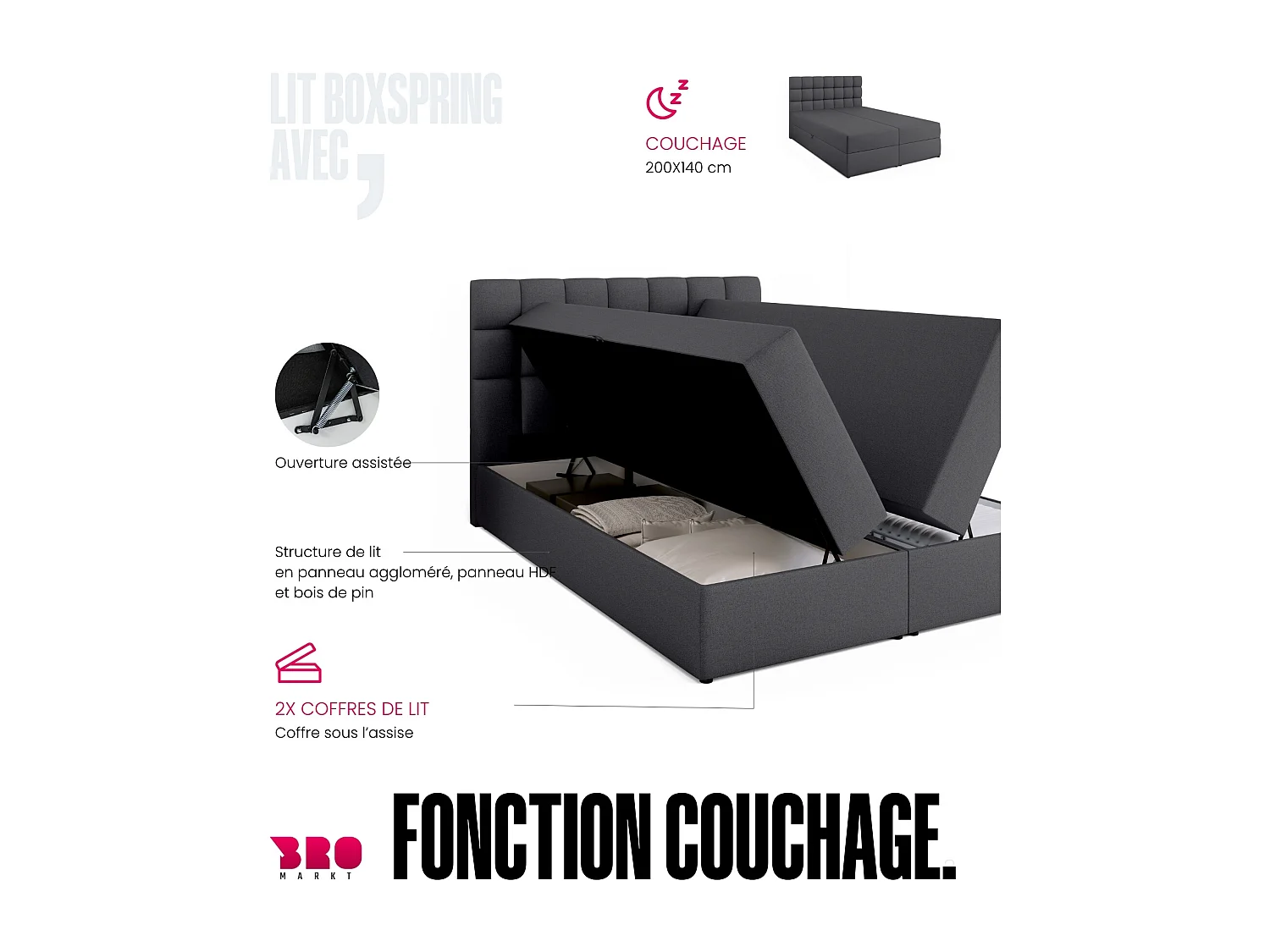 Lit boxspring avec rangement DAKOTA - matelas - surmatelas - gris foncé - 140x200 cm