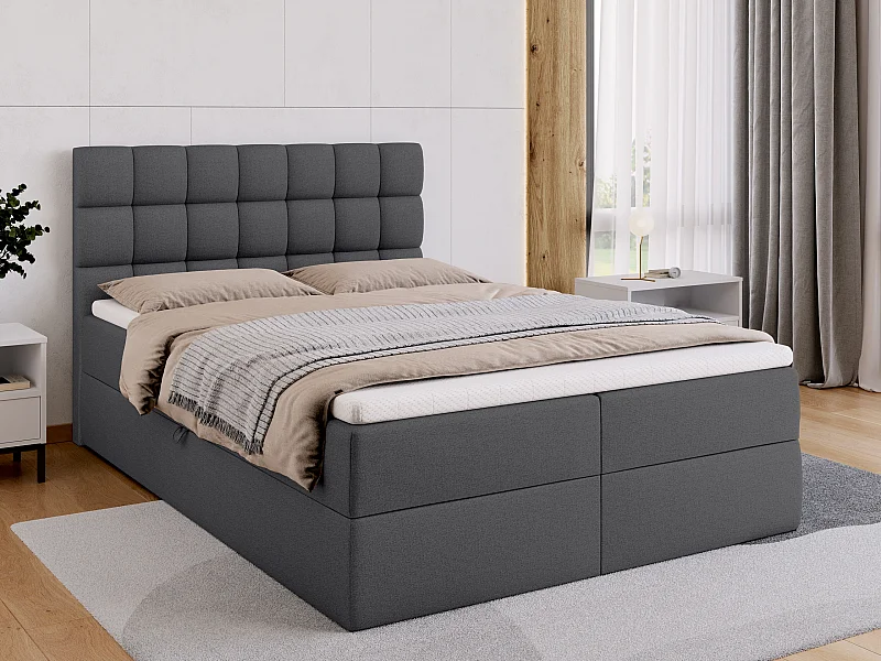 Lit boxspring avec rangement DAKOTA - matelas - surmatelas - gris foncé - 140x200 cm
