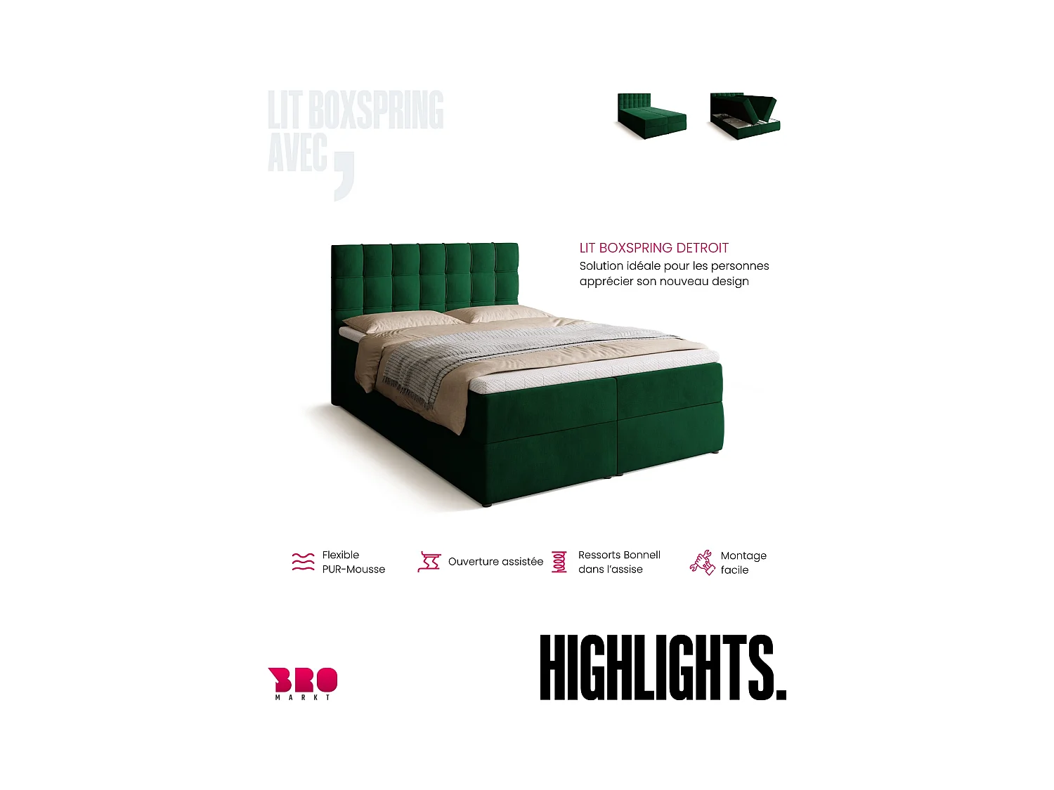 Boxspringbed met hoofdeinde, matras en dekmatras - DETROIT - 140x200 - groente