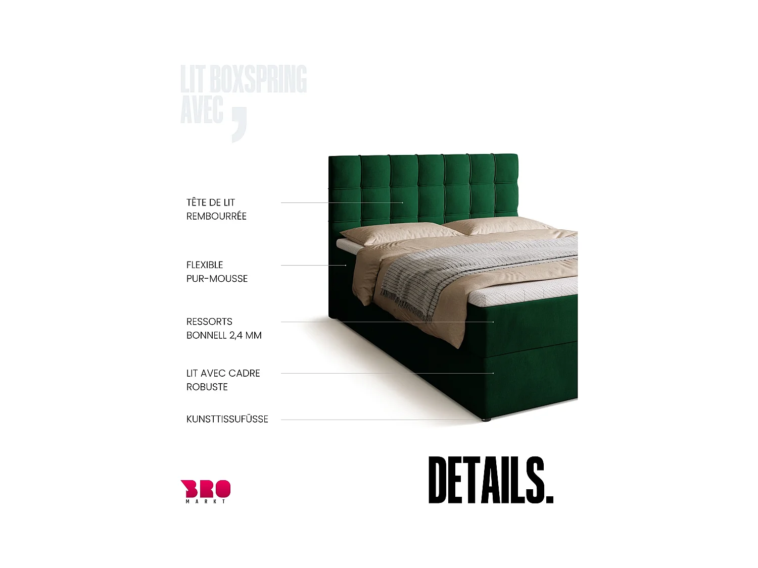 Boxspringbed met hoofdeinde, matras en dekmatras - DETROIT - 140x200 - groente