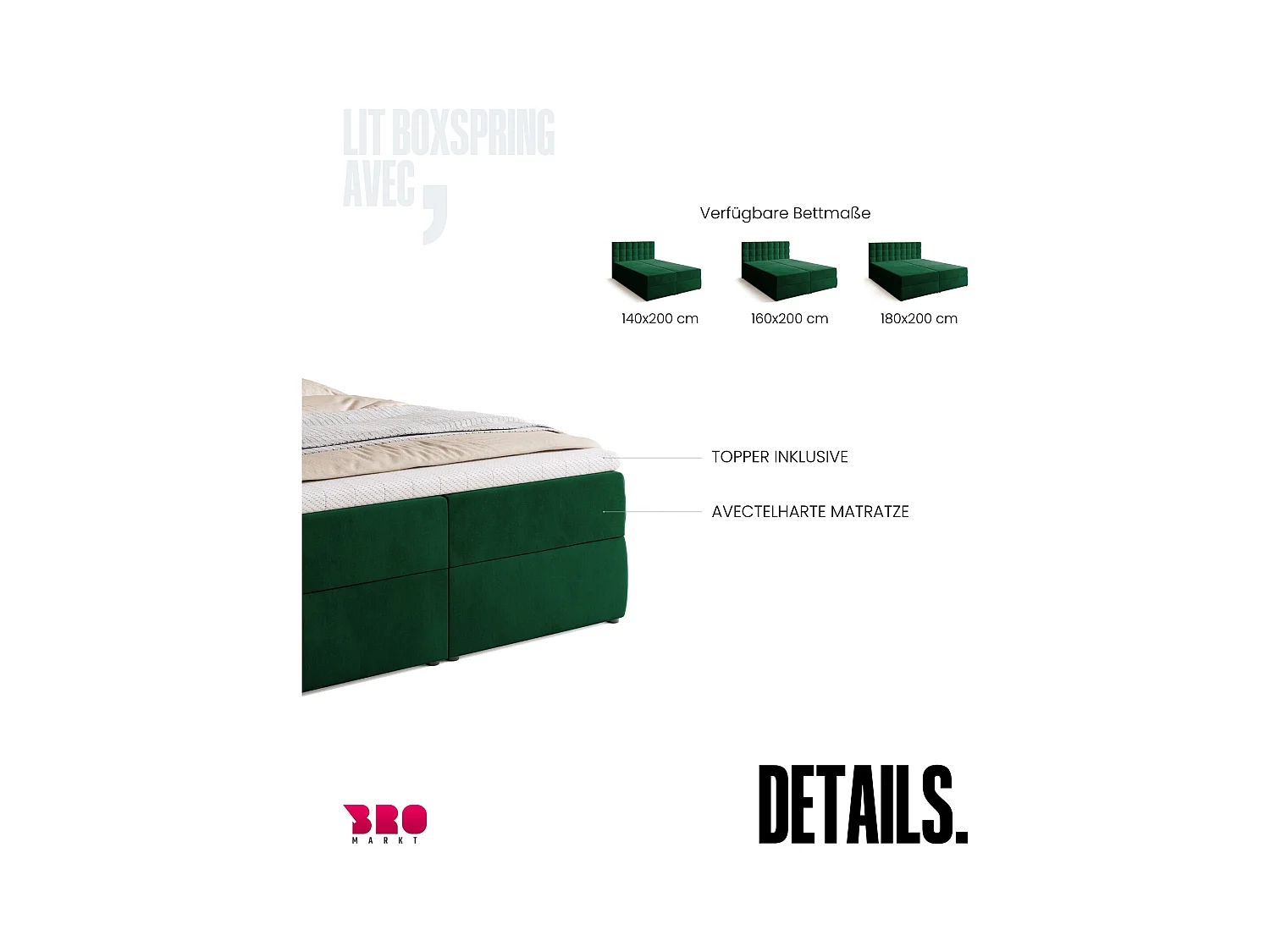Boxspringbed met hoofdeinde, matras en dekmatras - DETROIT - 140x200 - groente