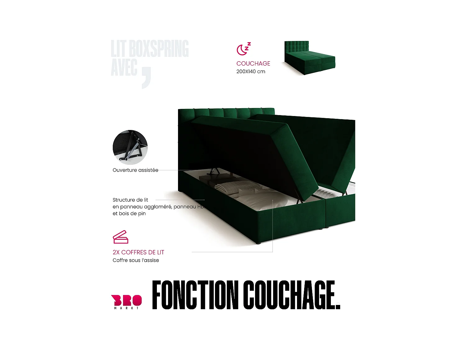 Boxspringbed met hoofdeinde, matras en dekmatras - DETROIT - 140x200 - groente