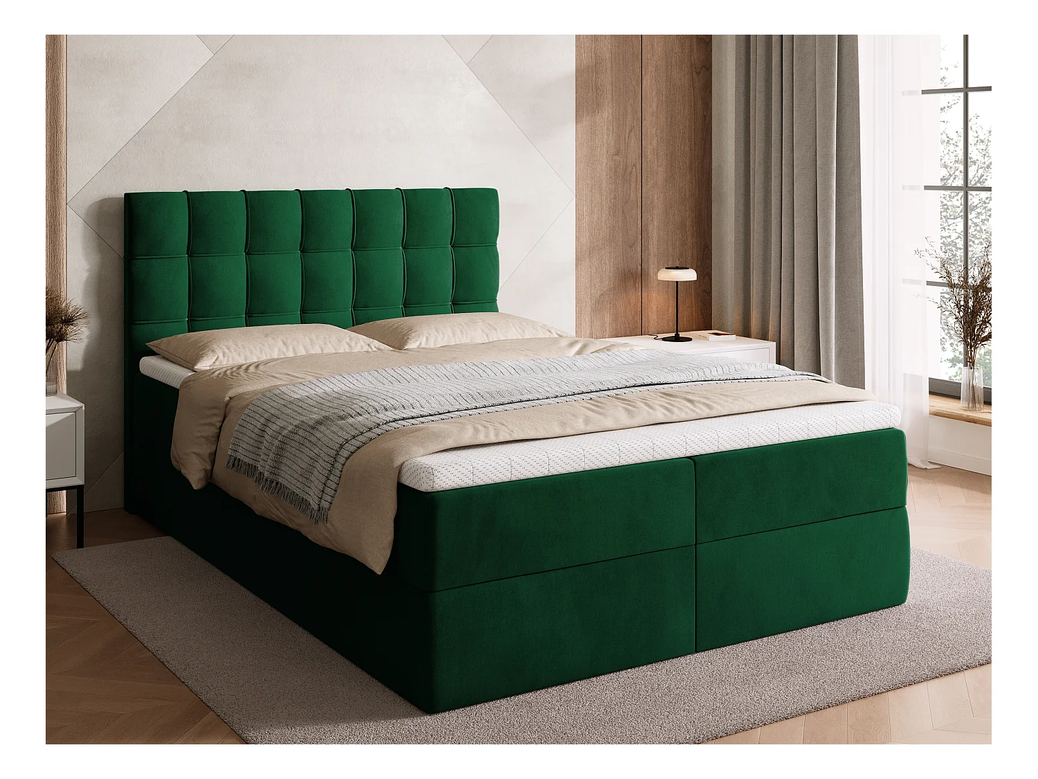 Lit boxspring avec rangement DETROIT - matelas - surmatelas - vert - 140x200 cm