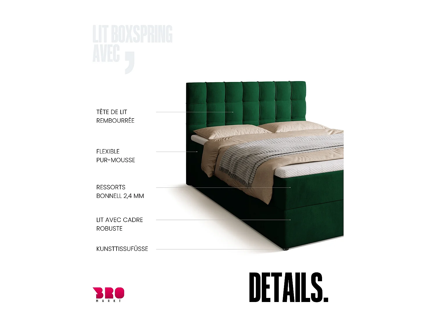 Lit boxspring avec rangement DETROIT - matelas - surmatelas - vert - 140x200 cm