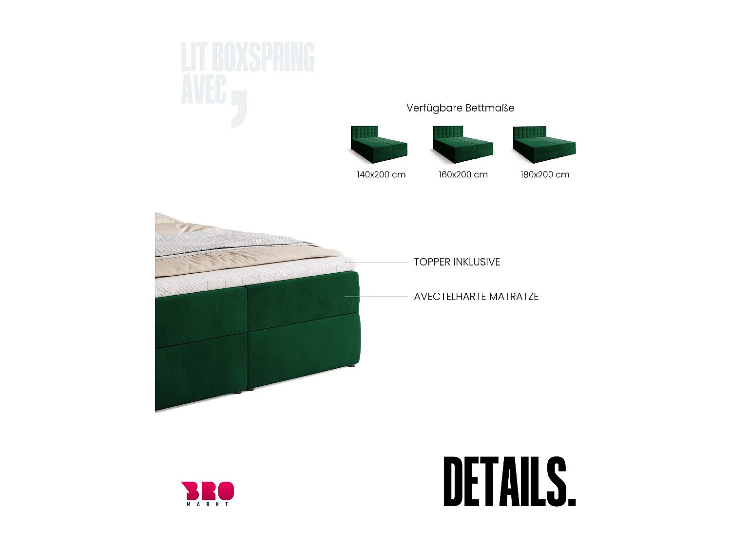 Lit boxspring avec rangement DETROIT - matelas - surmatelas - vert - 140x200 cm