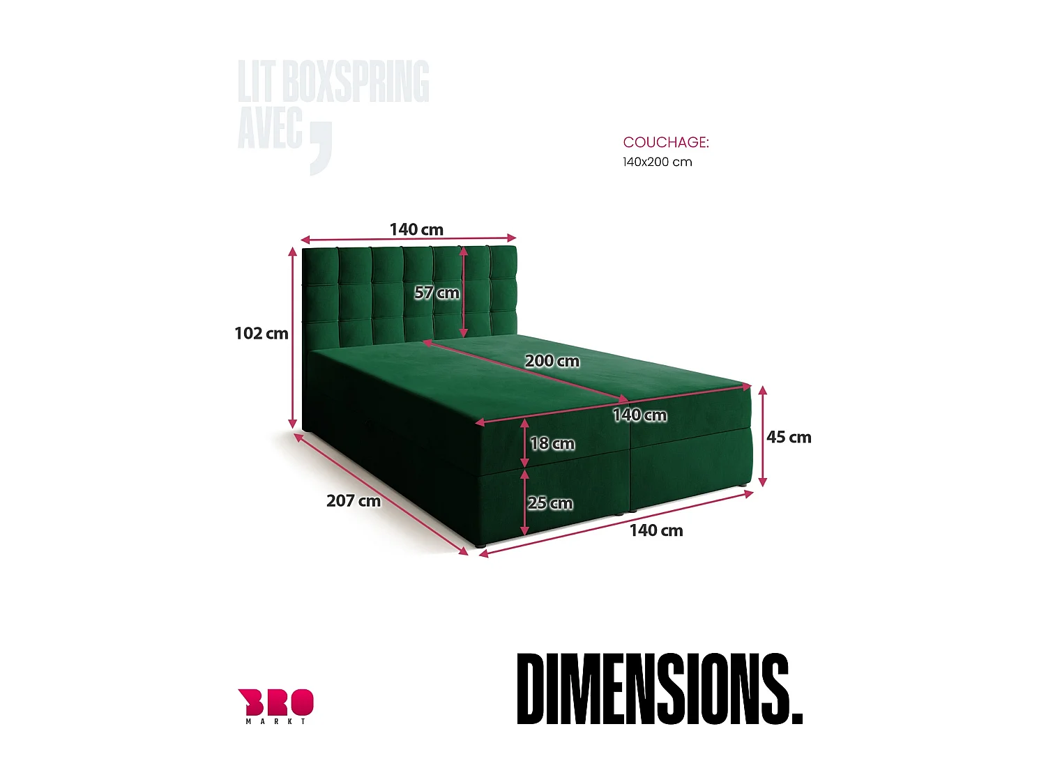 Lit boxspring avec rangement DETROIT - matelas - surmatelas - vert - 140x200 cm